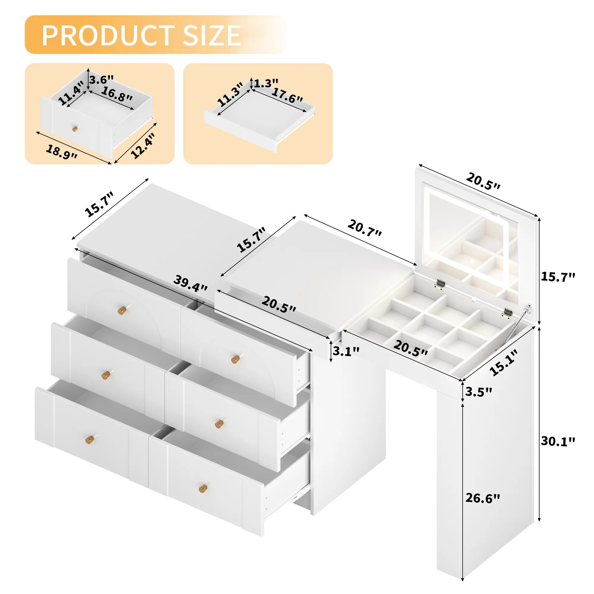 Modern Makeup Vanity, with Mirror, Lights & Large Storage