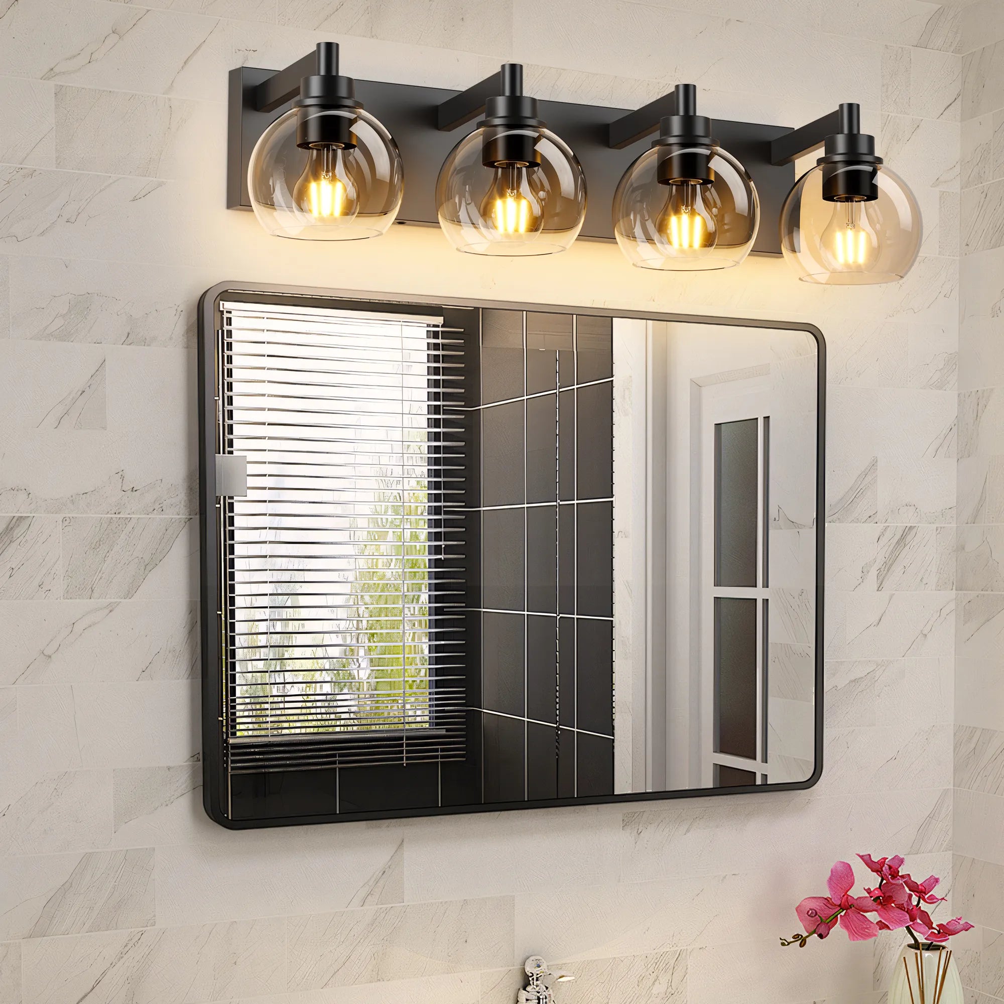Modern Matte Black Bathroom Vanity Light with Clear Glass Shades