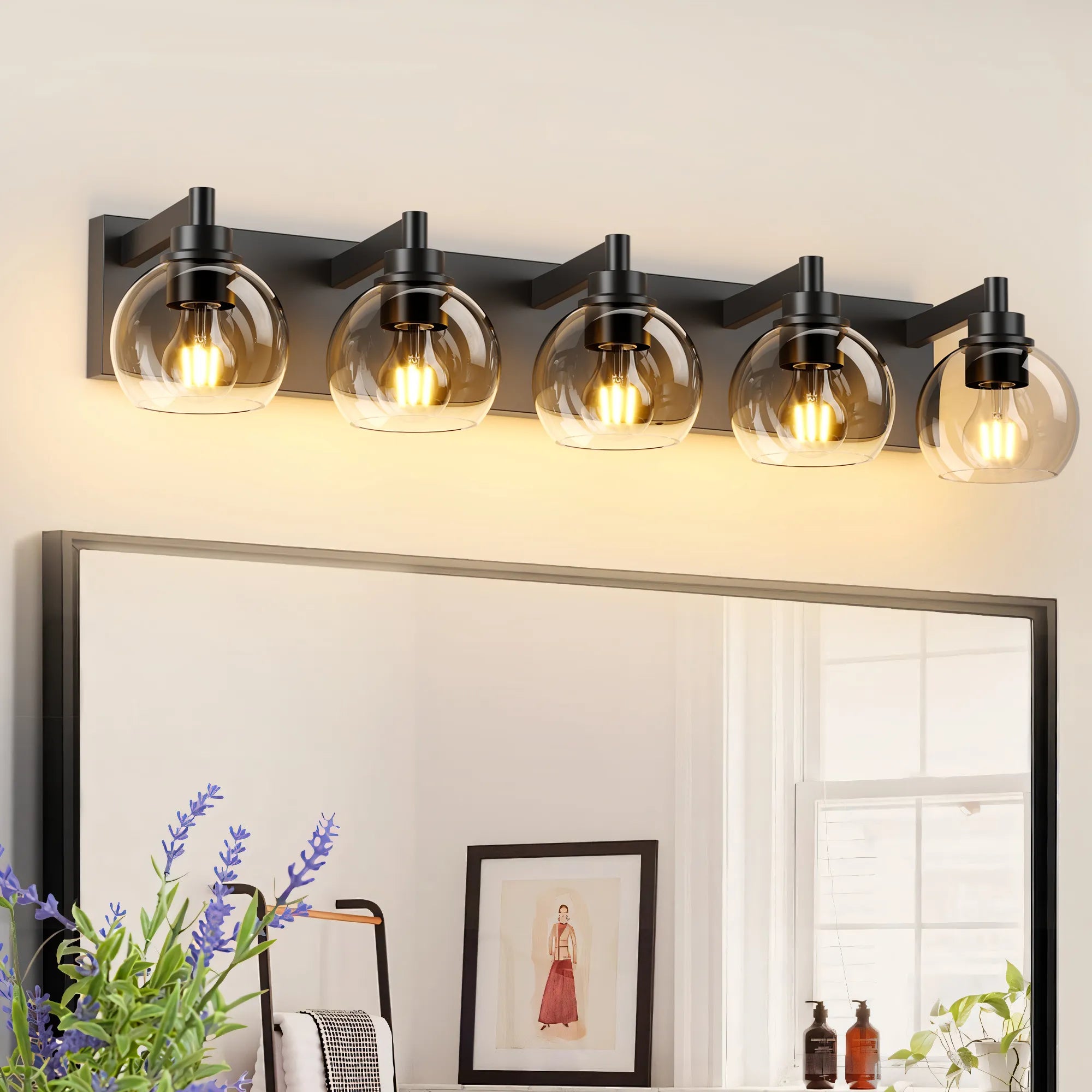 Modern Matte Black Bathroom Vanity Light with Clear Glass Shades