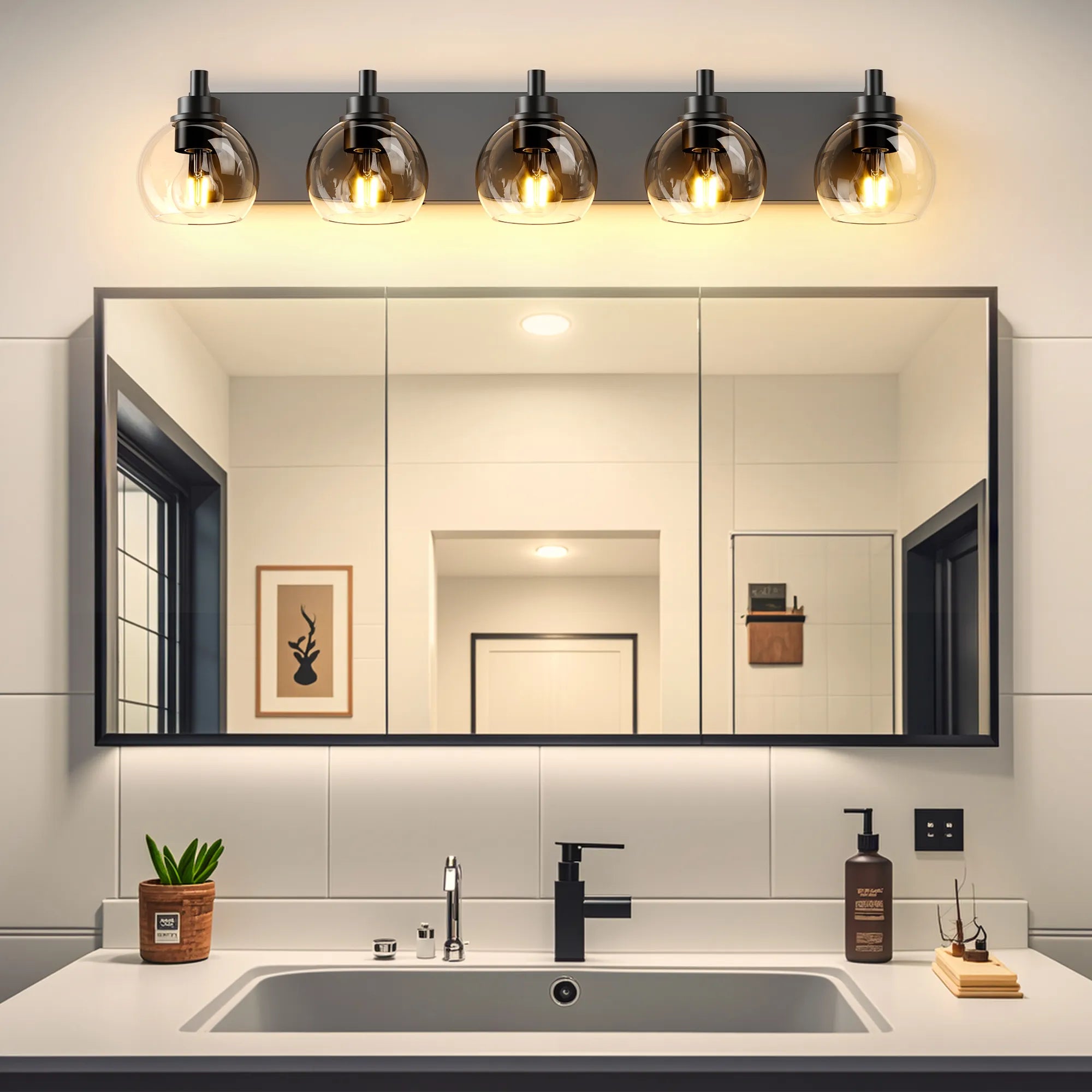 Modern Matte Black Bathroom Vanity Light with Clear Glass Shades