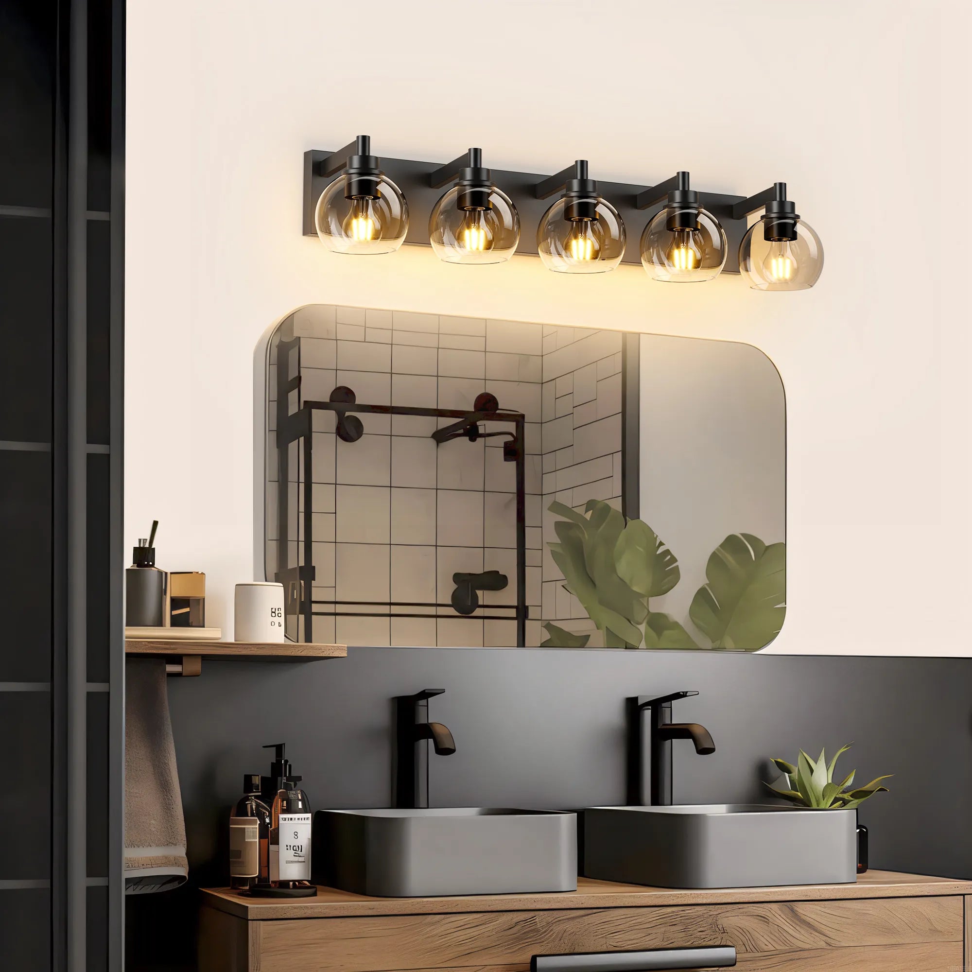 Modern Matte Black Bathroom Vanity Light with Clear Glass Shades