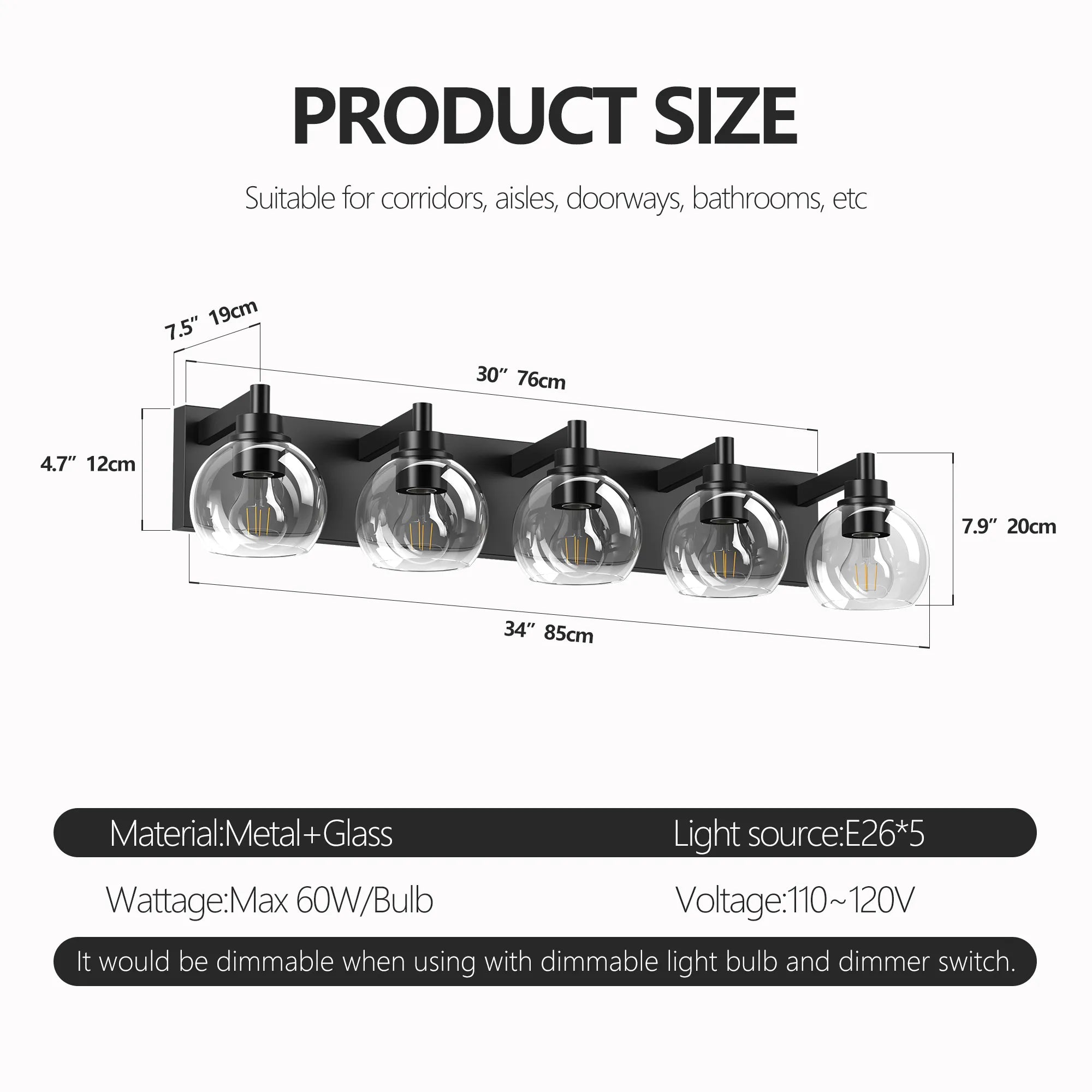 Modern Matte Black Bathroom Vanity Light with Clear Glass Shades