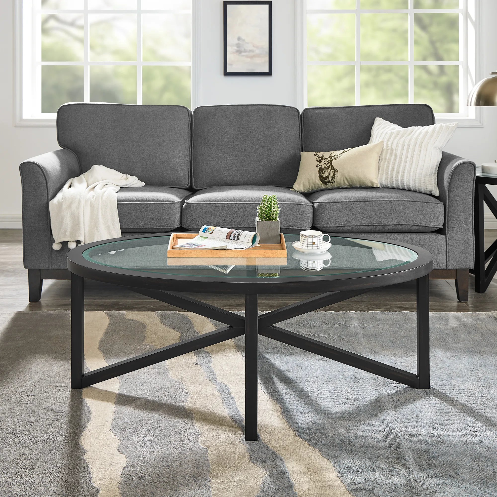 Modern Oval Tempered Glass Coffee Table with Solid Wood Base