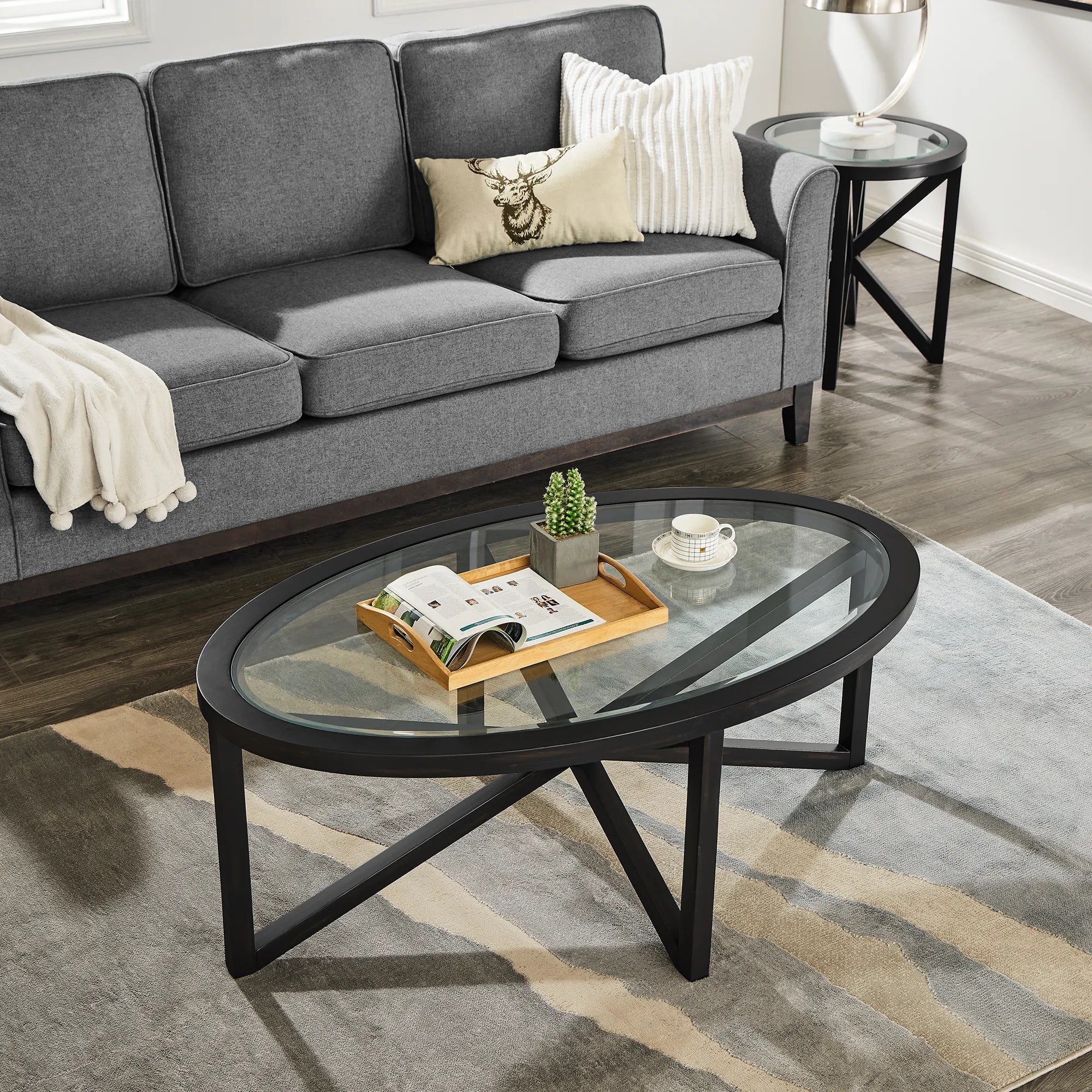 Modern Oval Tempered Glass Coffee Table with Solid Wood Base