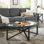 Modern Oval Tempered Glass Coffee Table with Solid Wood Base