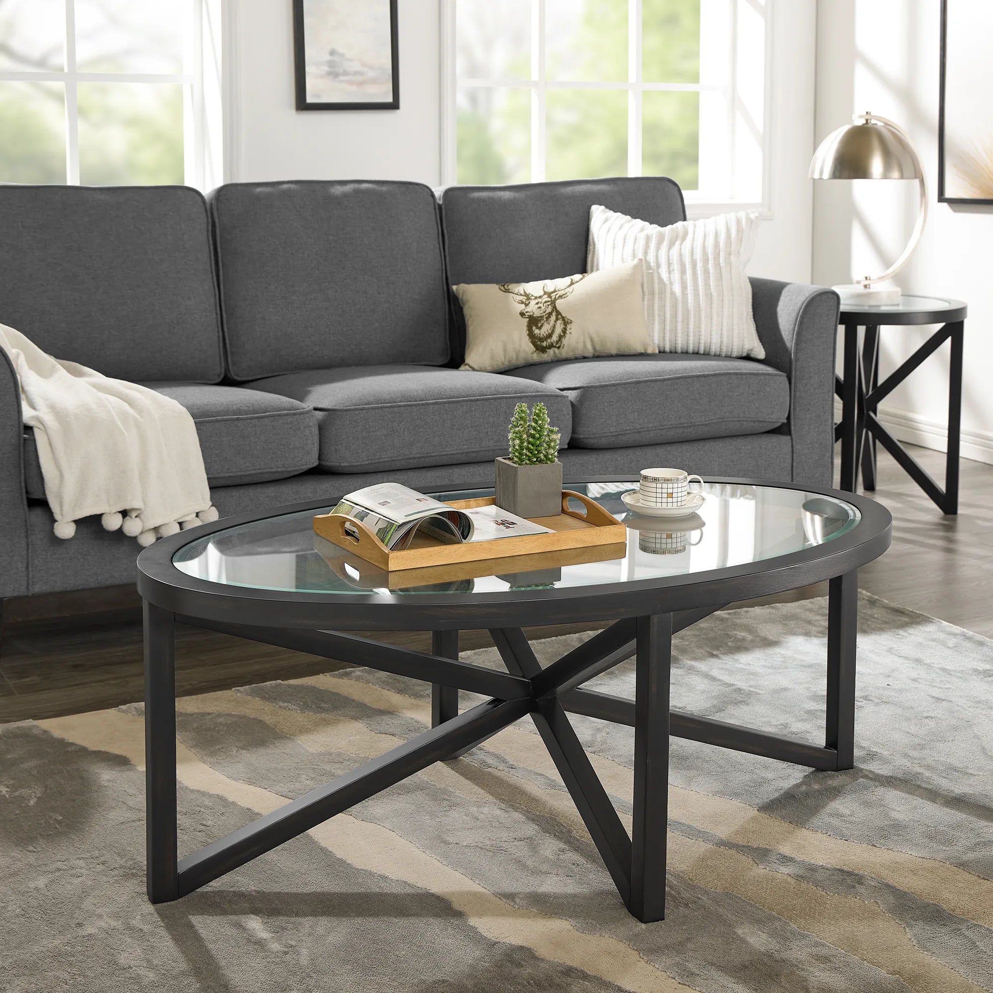 Modern Oval Tempered Glass Coffee Table with Solid Wood Base