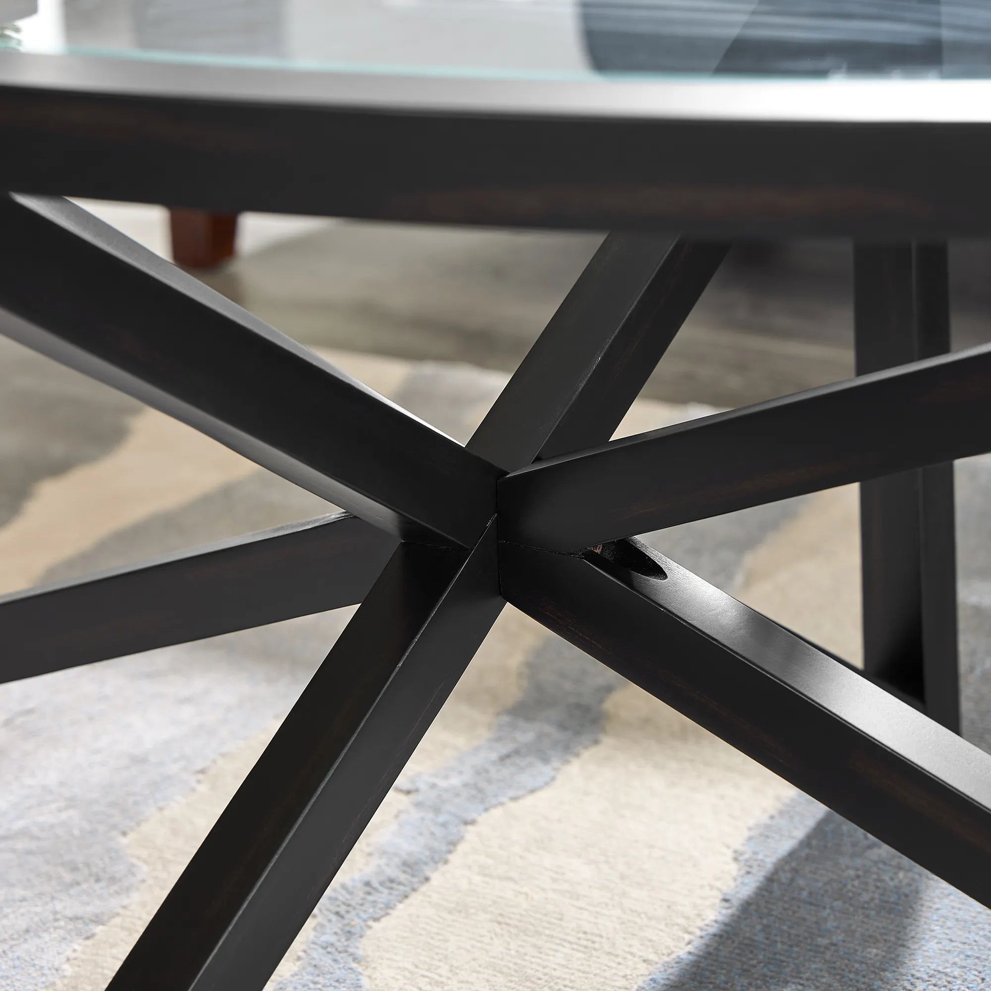 Modern Oval Tempered Glass Coffee Table with Solid Wood Base