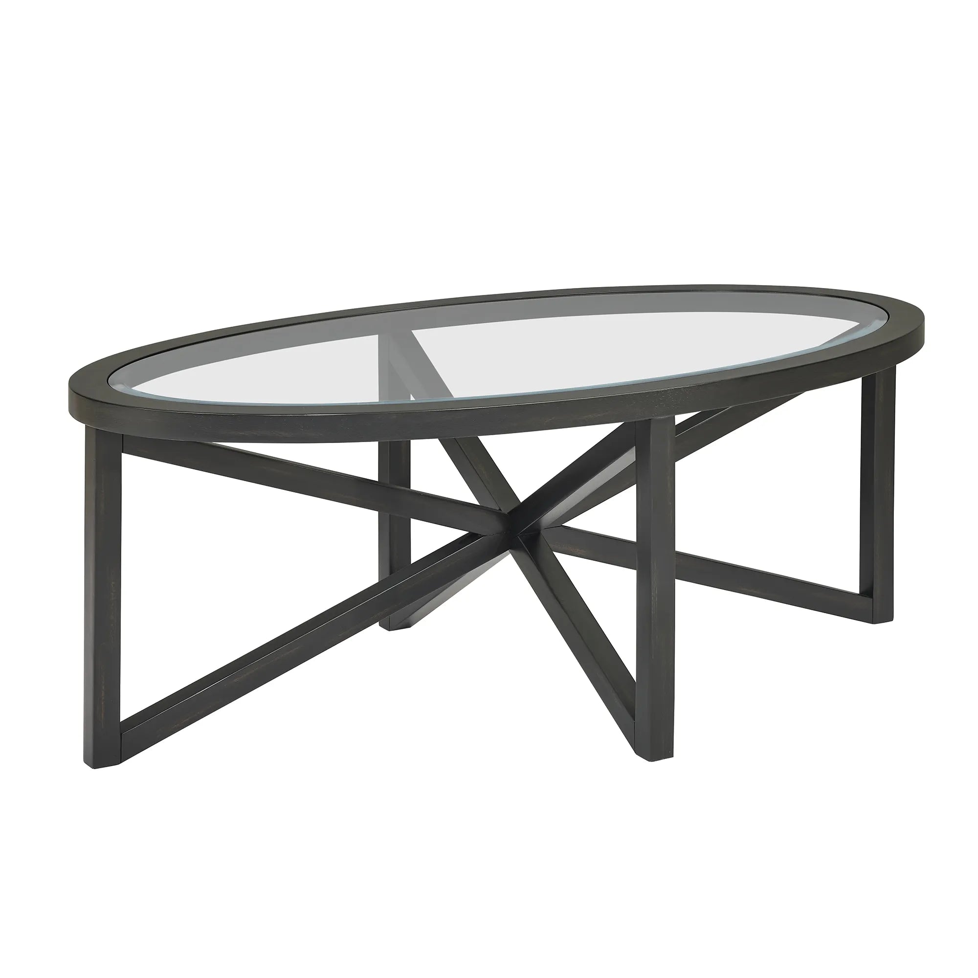 Modern Oval Tempered Glass Coffee Table with Solid Wood Base