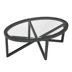 Modern Oval Tempered Glass Coffee Table with Solid Wood Base