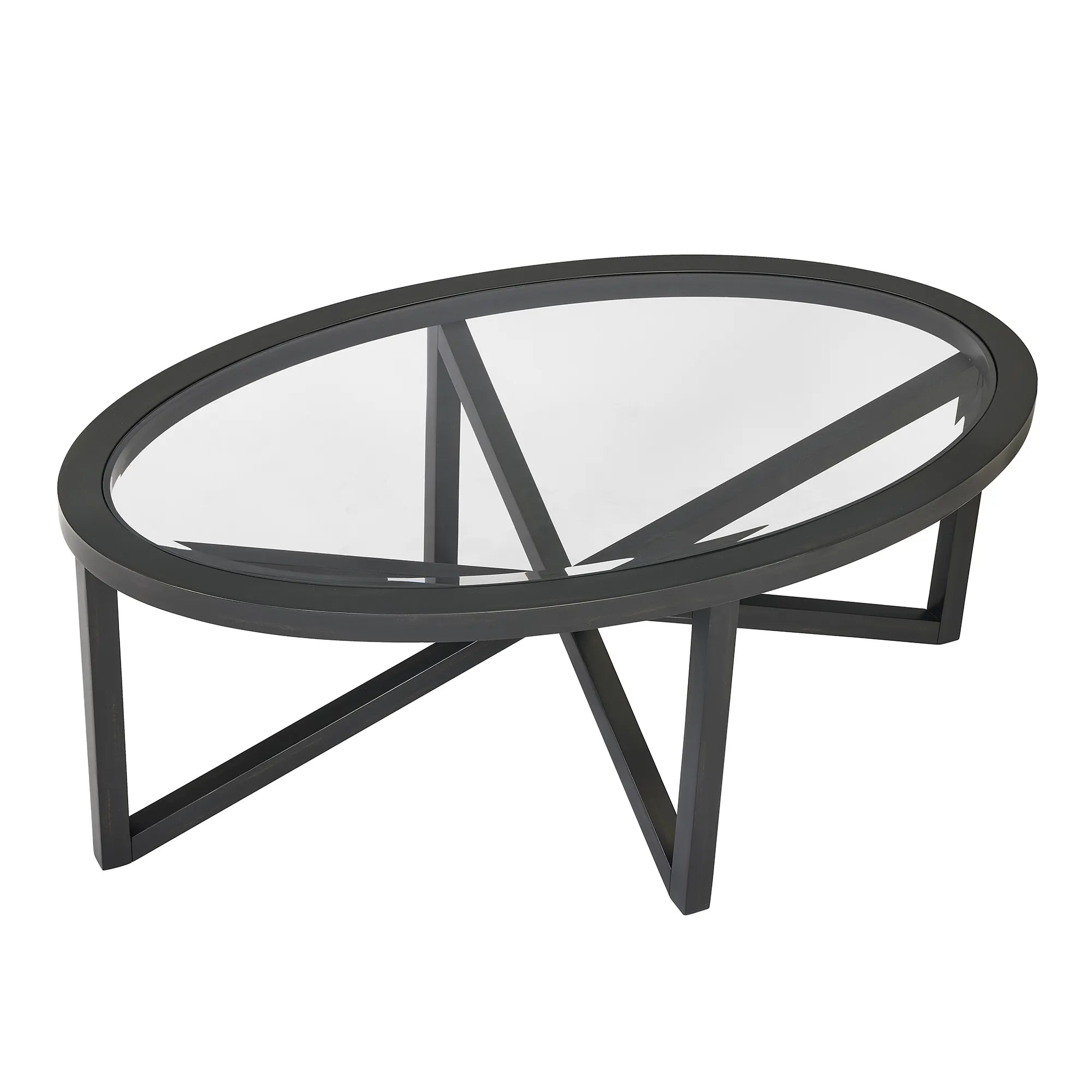 Modern Oval Tempered Glass Coffee Table with Solid Wood Base