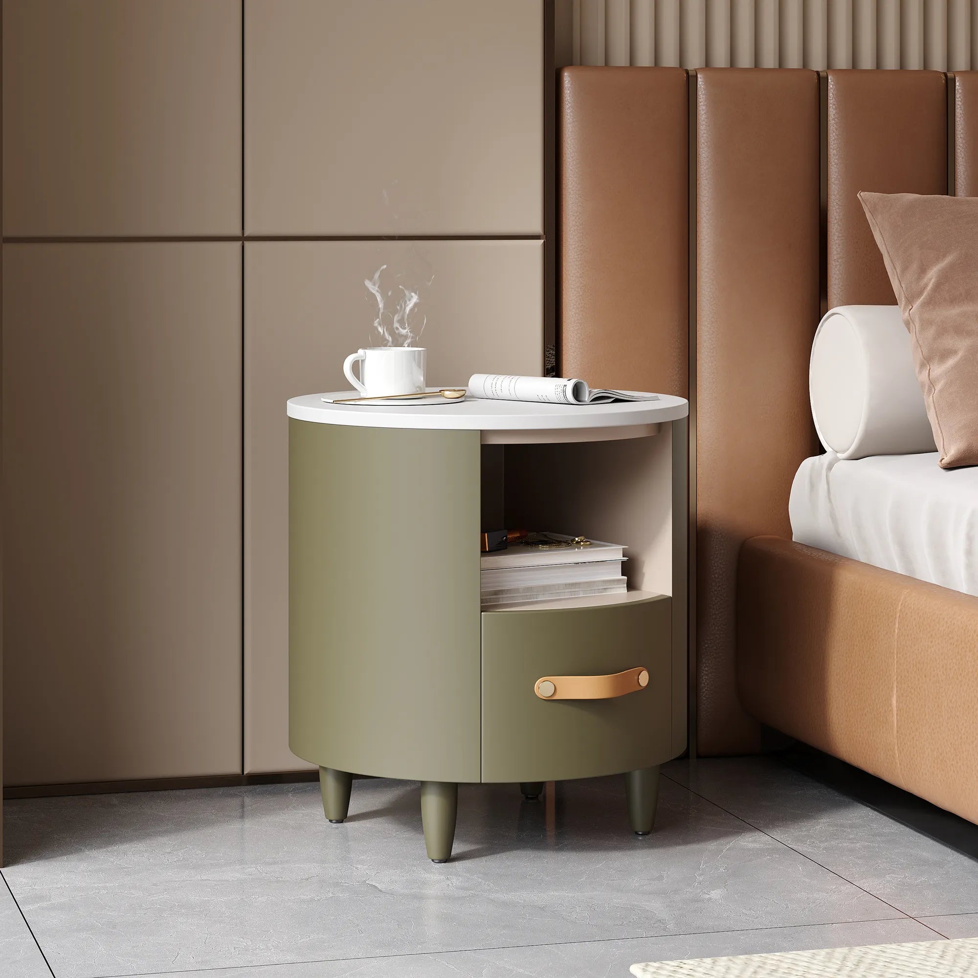 Modern Round Nightstand with Drawer