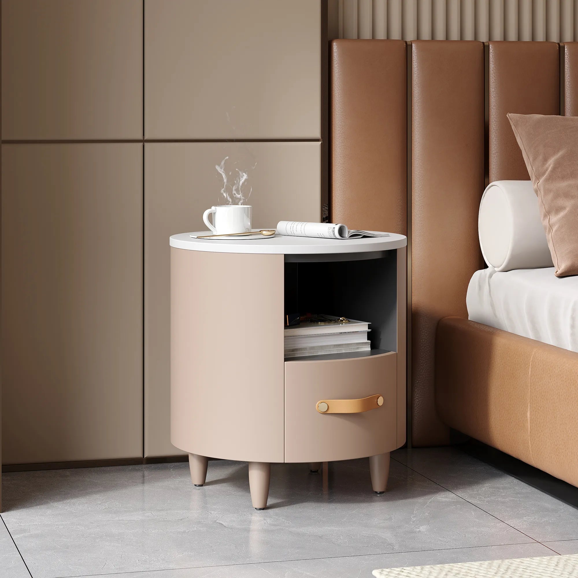 Modern Round Nightstand with Drawer
