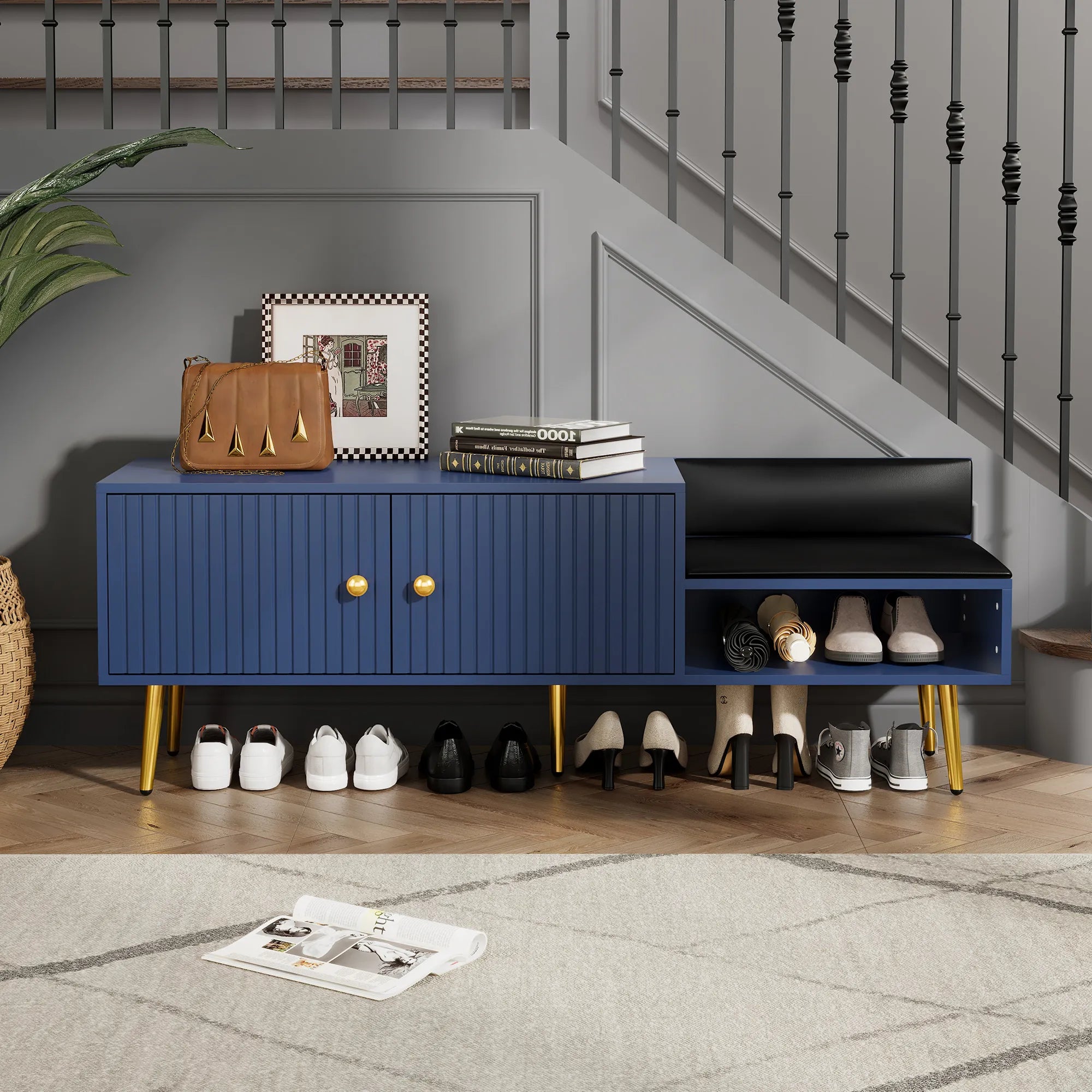 Modern Shoe Storage Entryway Bench with Upholstered Cushion