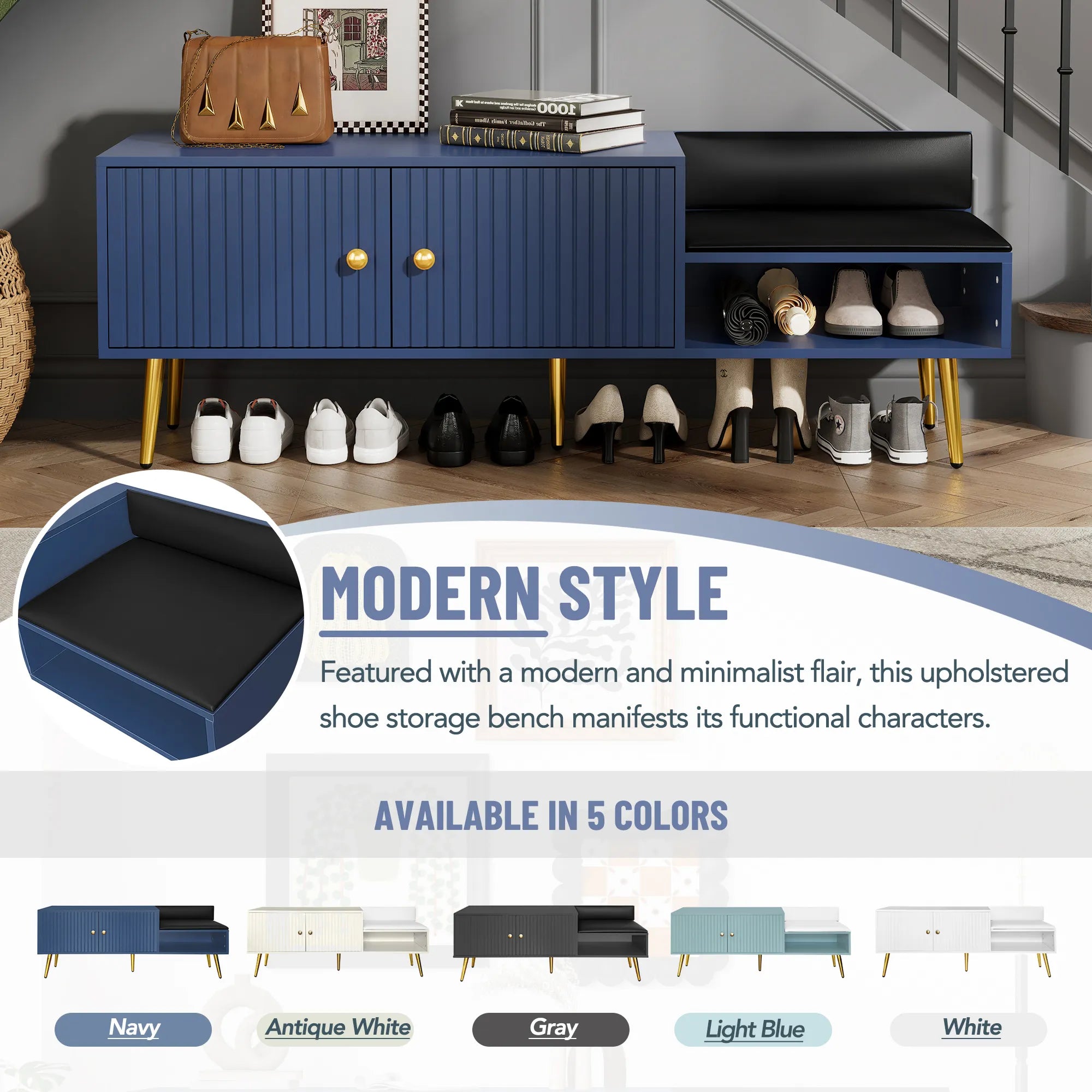 Modern Shoe Storage Entryway Bench with Upholstered Cushion
