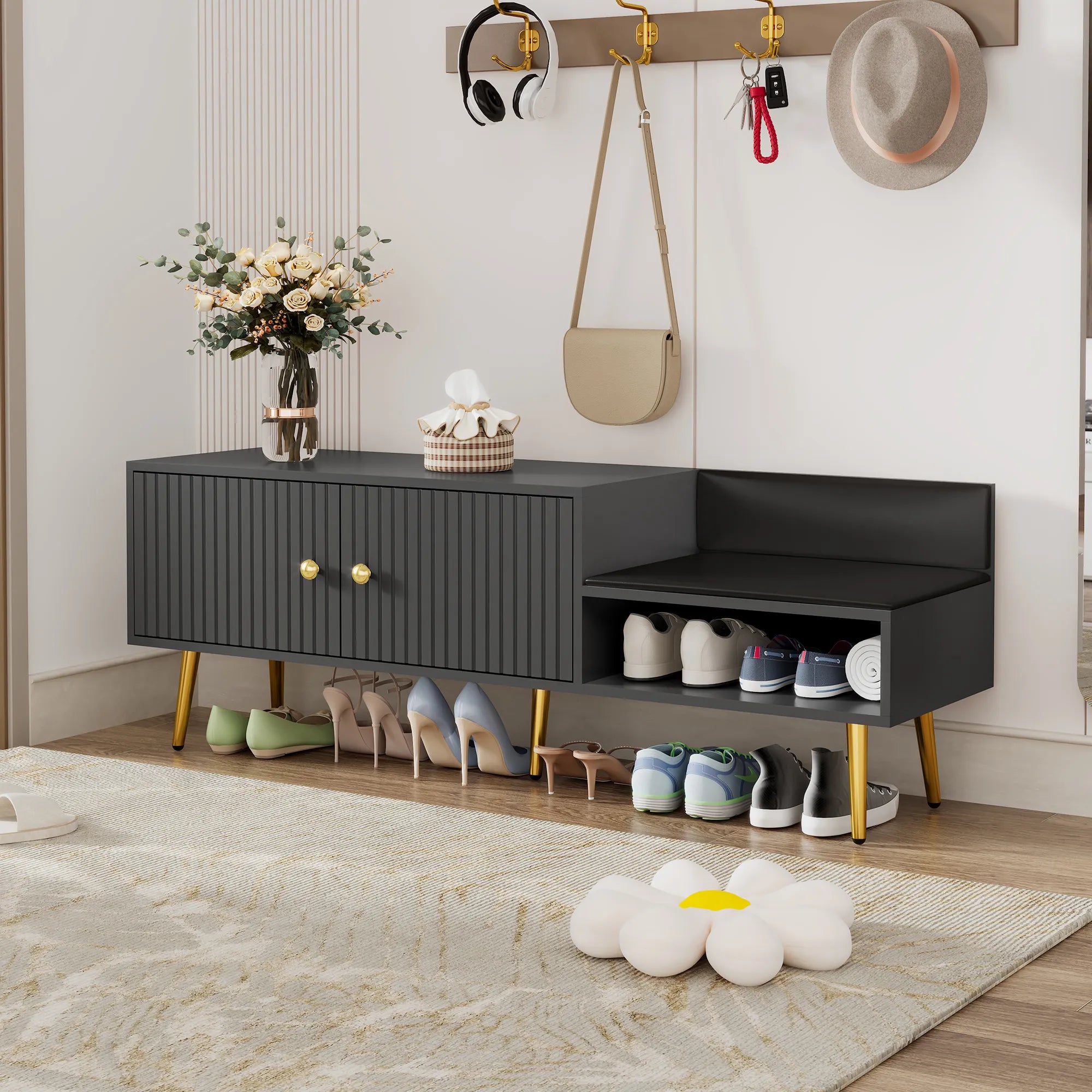 Modern Shoe Storage Entryway Bench with Upholstered Cushion