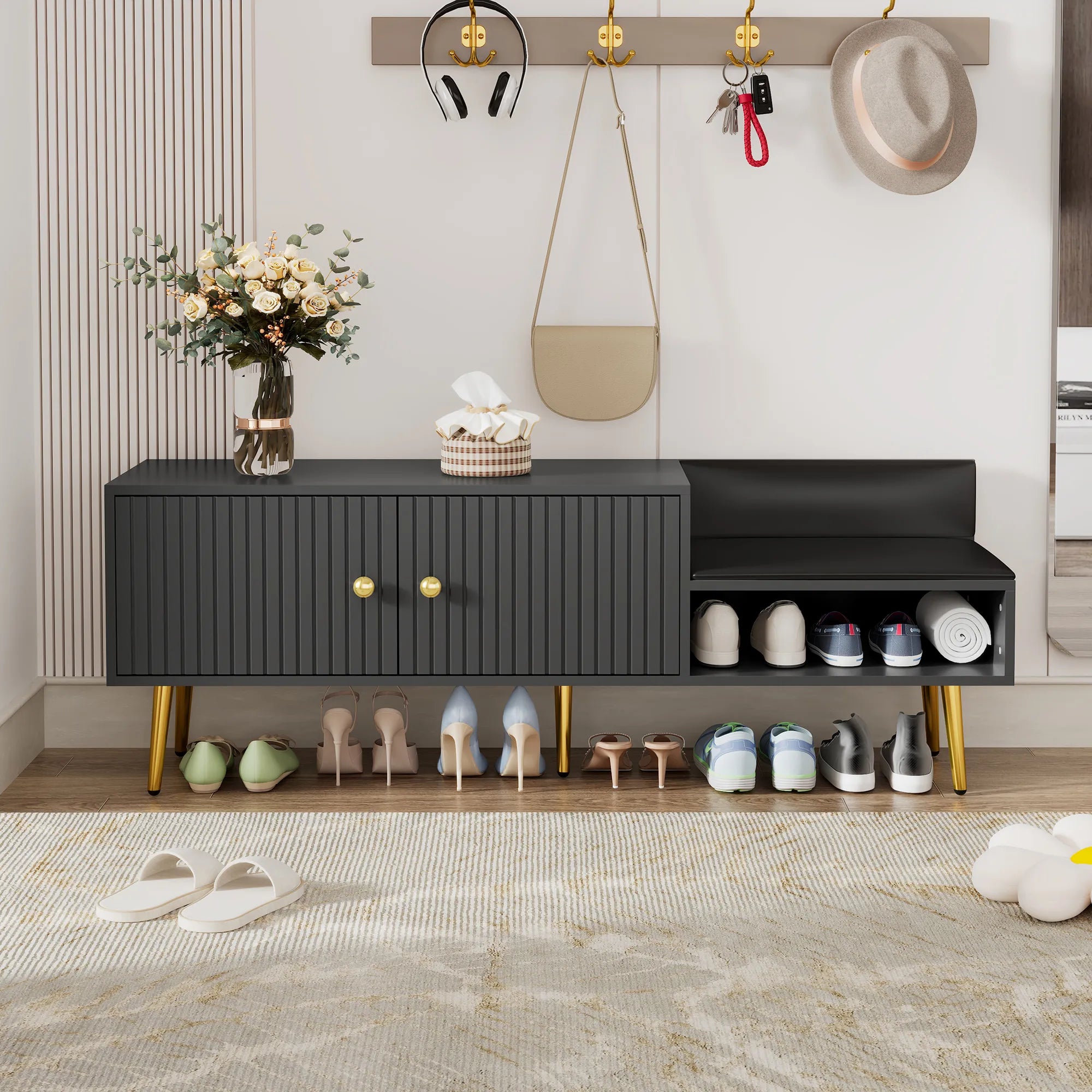 Modern Shoe Storage Entryway Bench with Upholstered Cushion