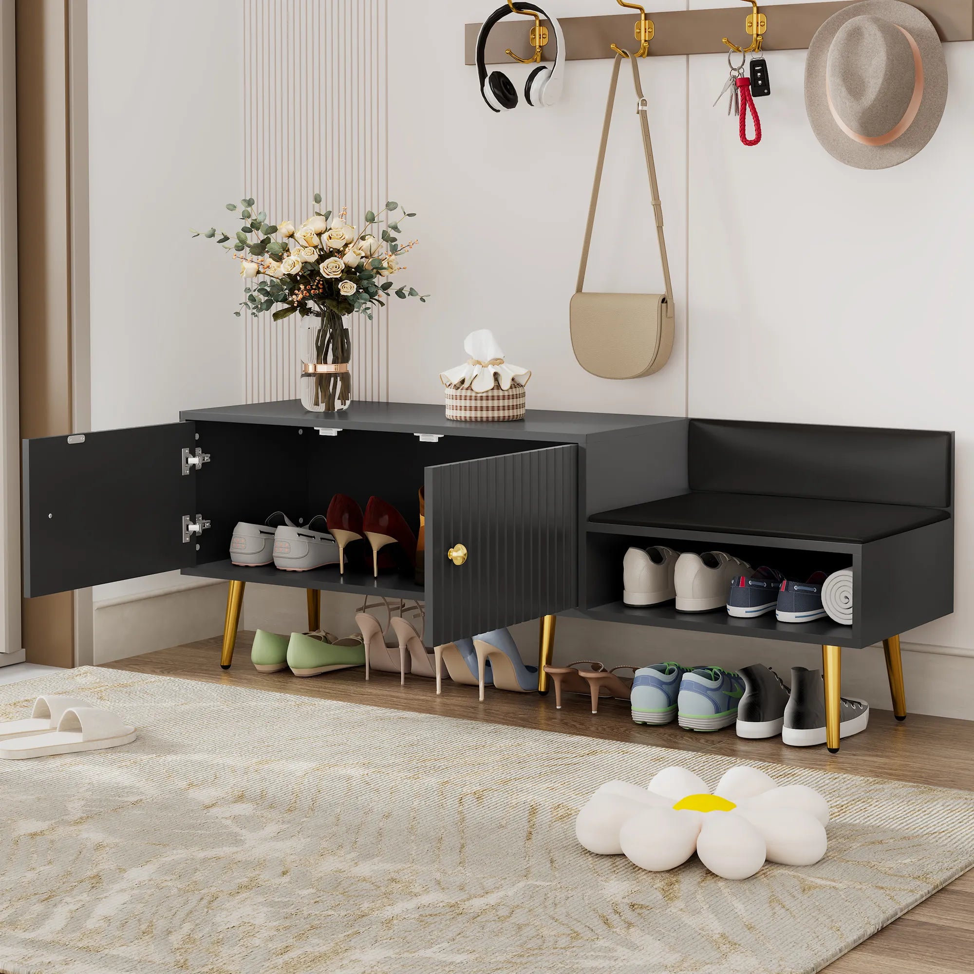 Modern Shoe Storage Entryway Bench with Upholstered Cushion