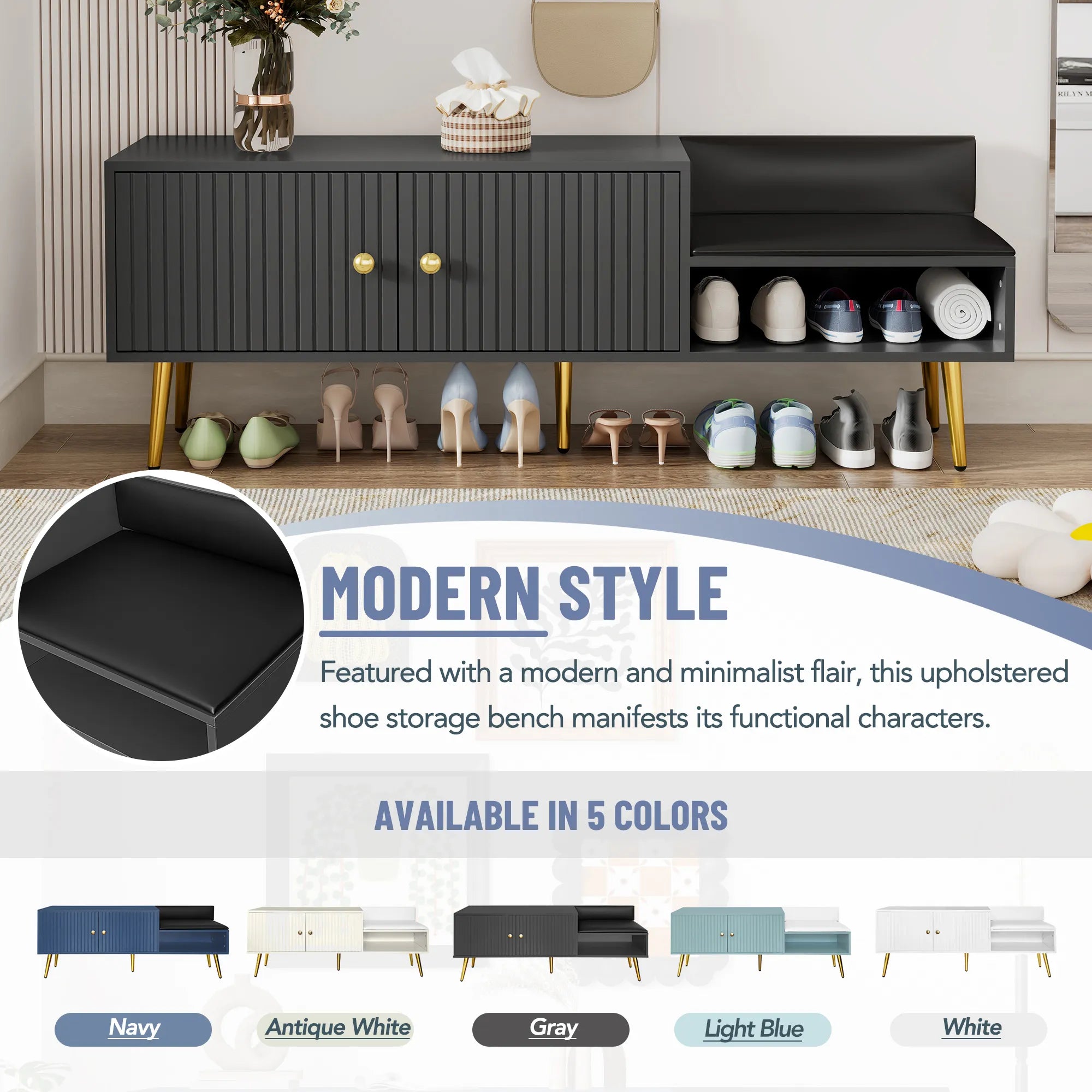 Modern Shoe Storage Entryway Bench with Upholstered Cushion