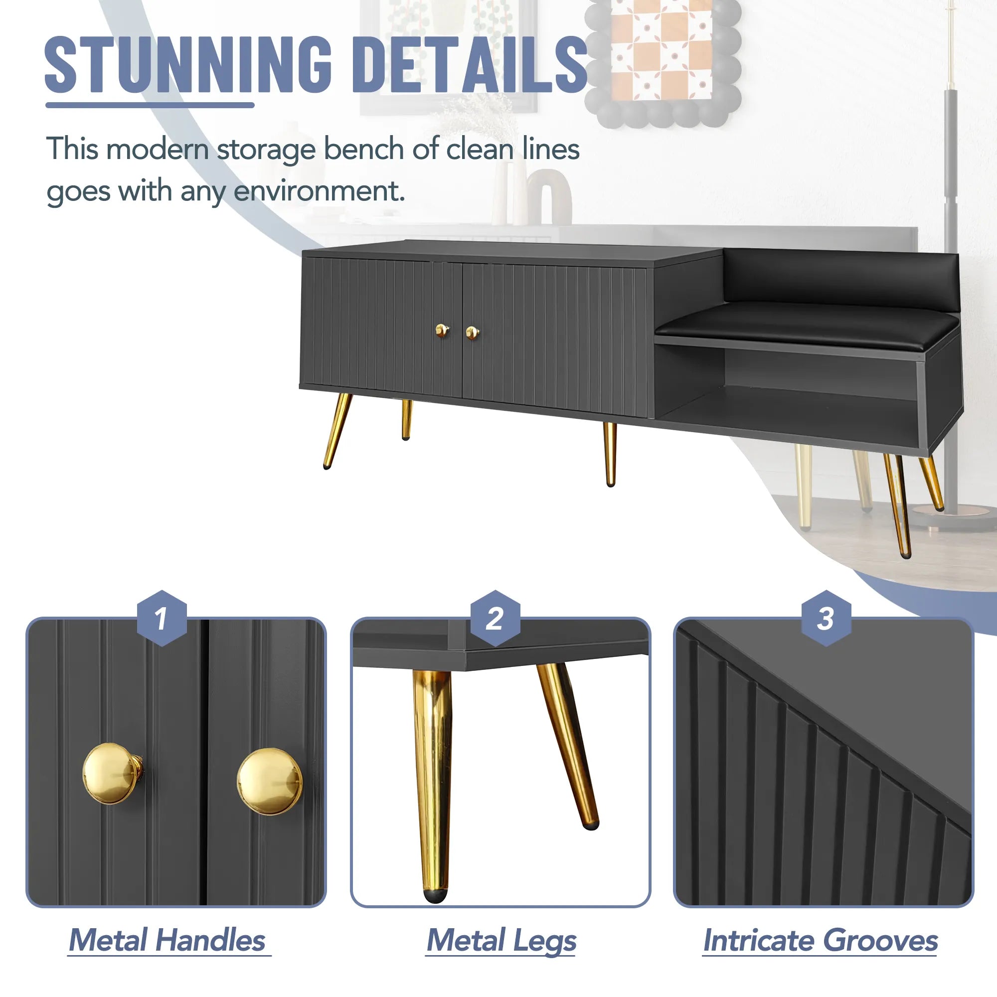 Modern Shoe Storage Entryway Bench with Upholstered Cushion