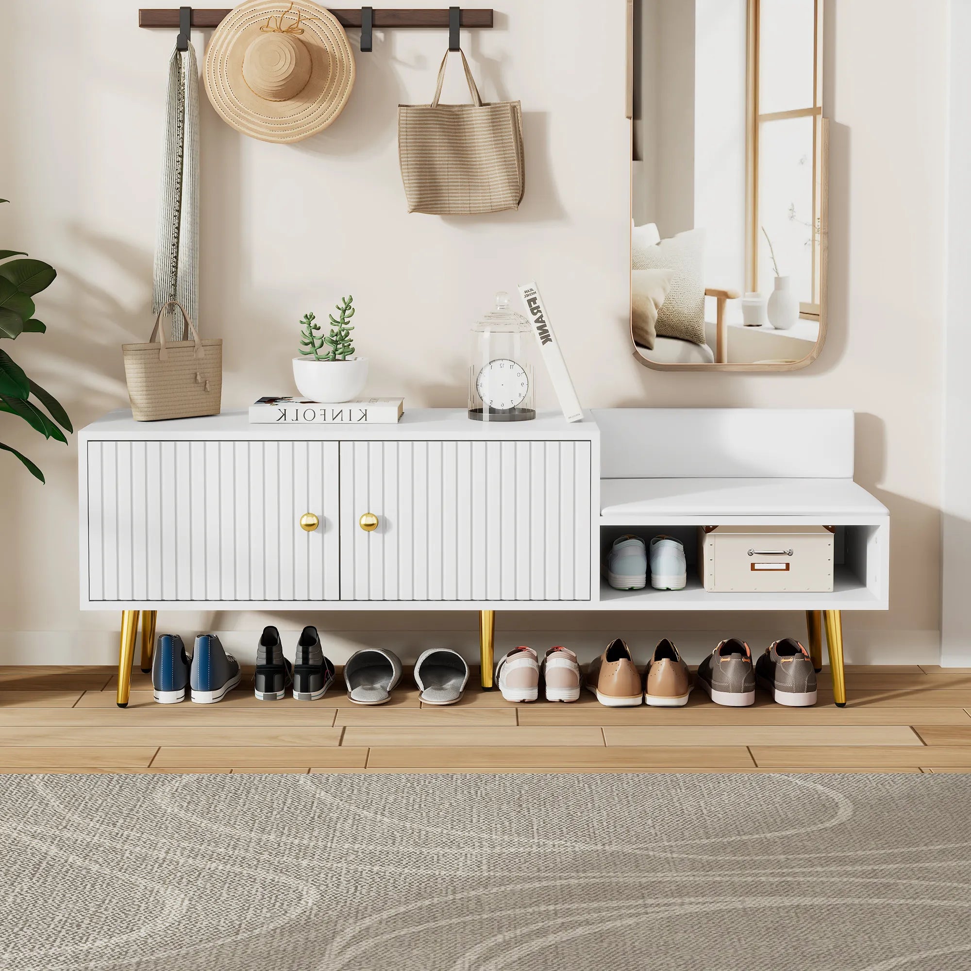 Modern Shoe Storage Entryway Bench with Upholstered Cushion