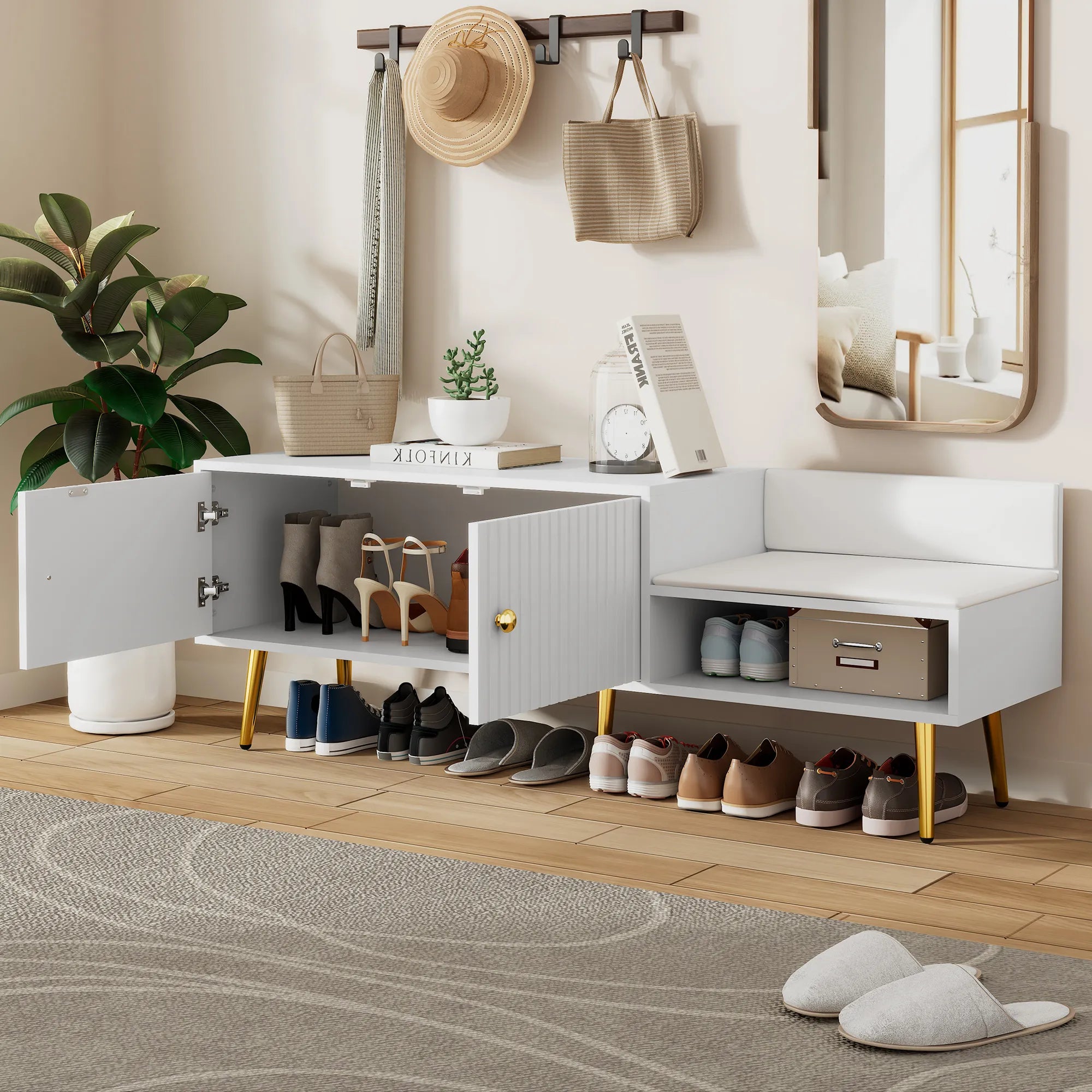 Modern Shoe Storage Entryway Bench with Upholstered Cushion