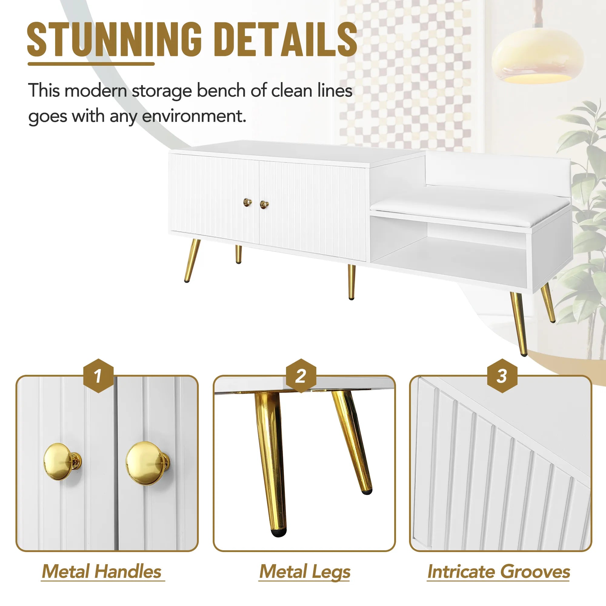 Modern Shoe Storage Entryway Bench with Upholstered Cushion