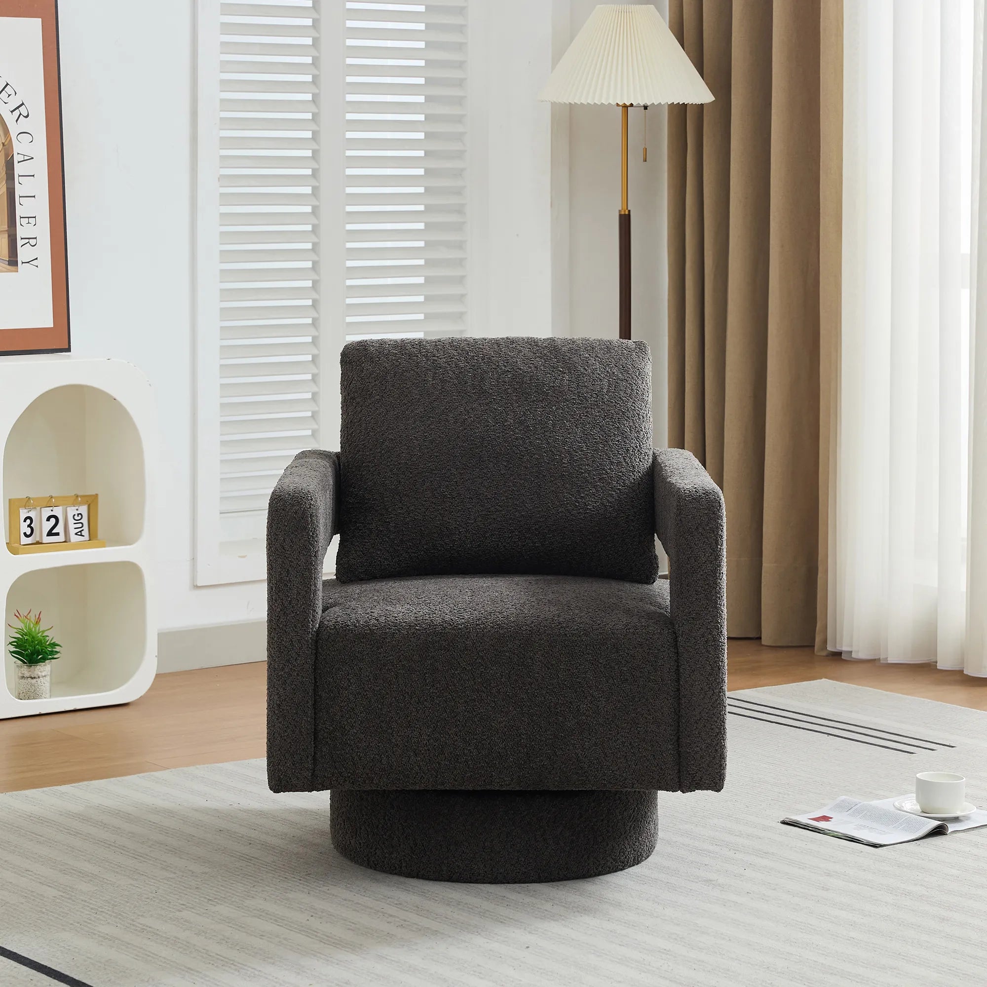 Modern Square Boucle Swivel Accent Chair with Open Back