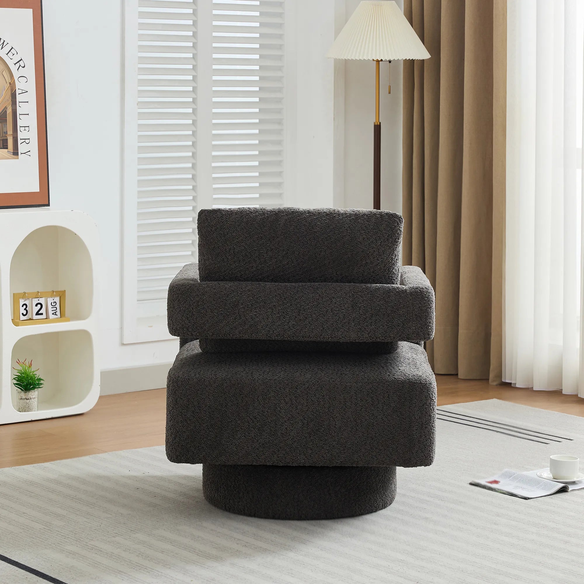 Modern Square Boucle Swivel Accent Chair with Open Back