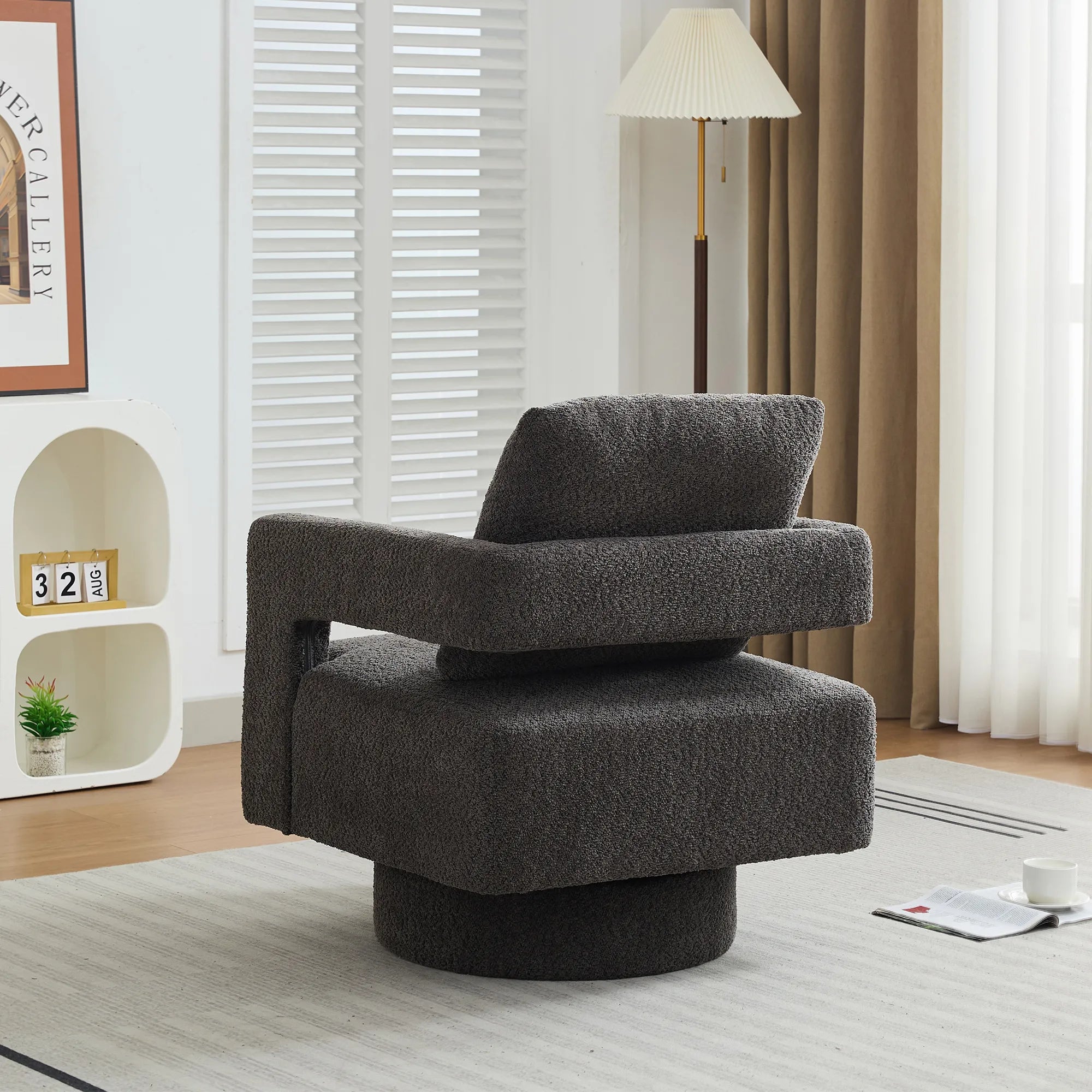 Modern Square Boucle Swivel Accent Chair with Open Back