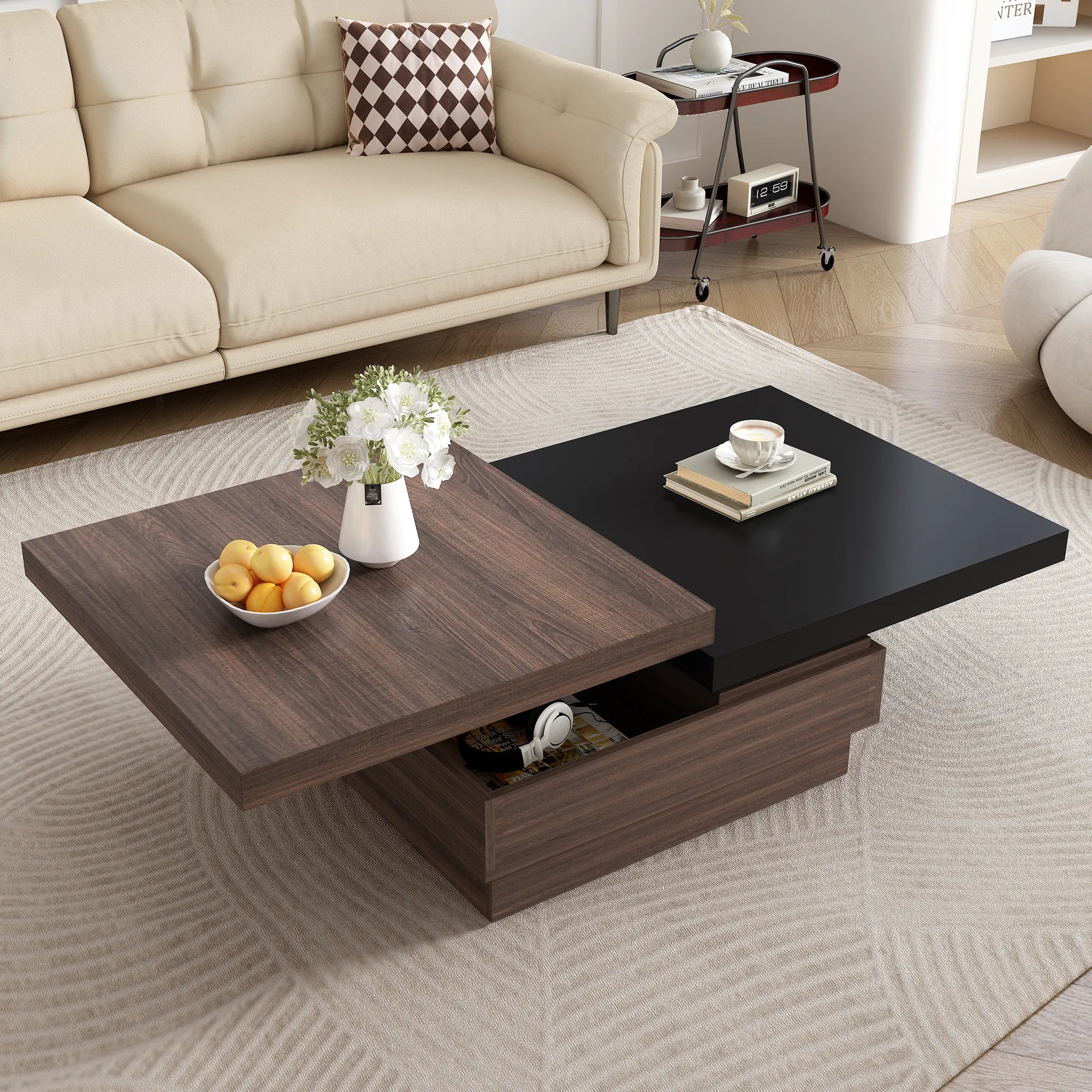 Modern Square Rotatable Top Coffee Table with Wooden Grain Design and Storage