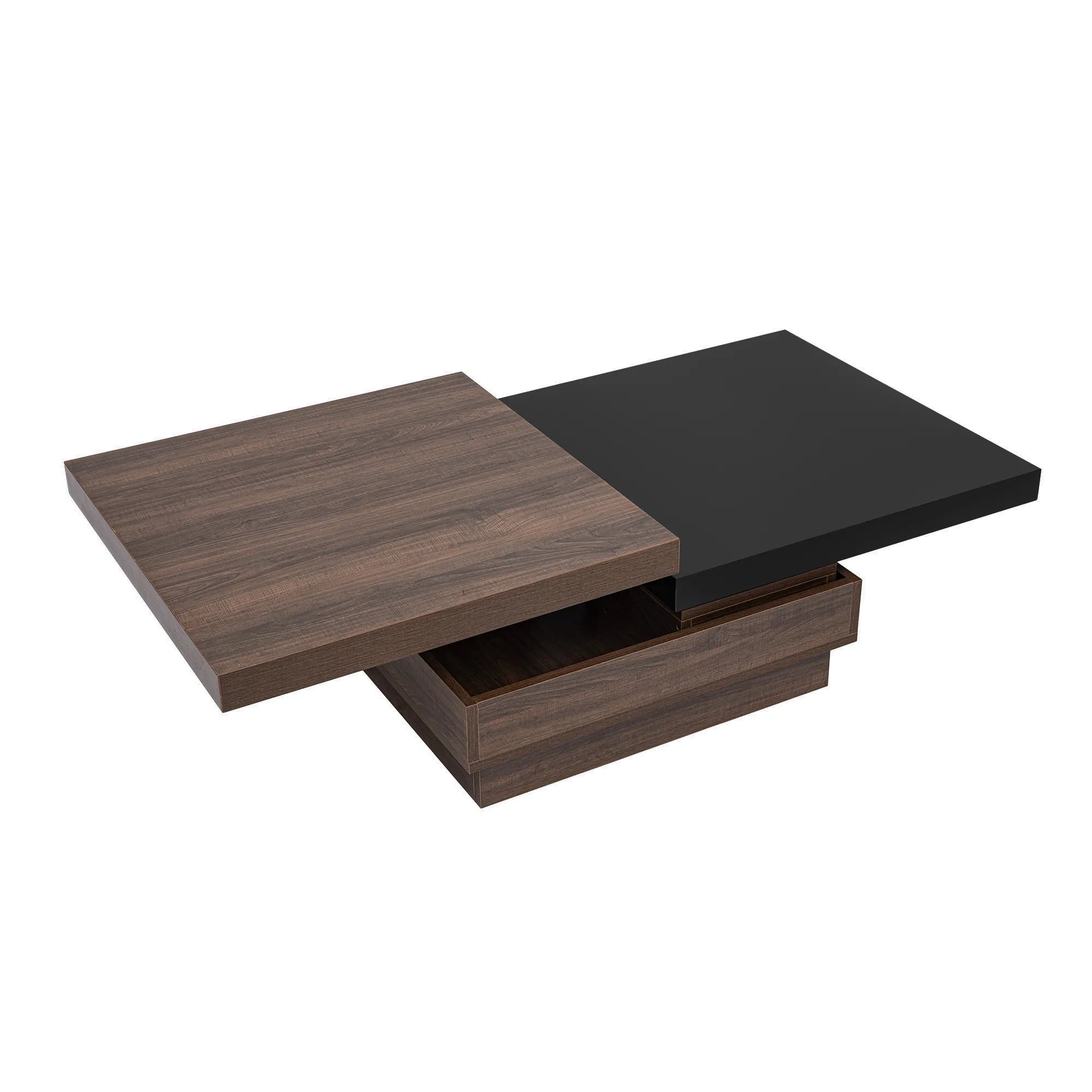Modern Square Rotatable Top Coffee Table with Wooden Grain Design and Storage