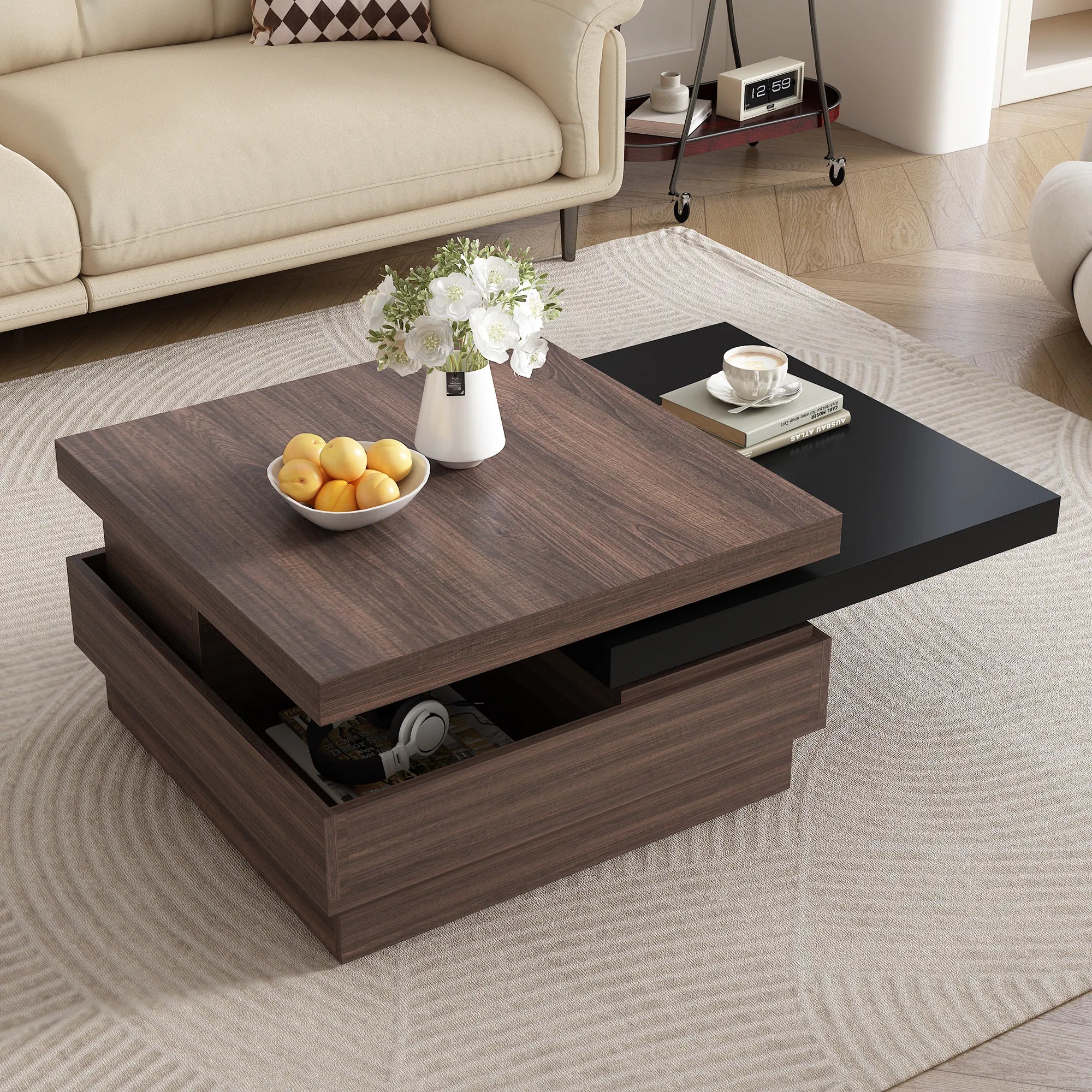 Modern Square Rotatable Top Coffee Table with Wooden Grain Design and Storage