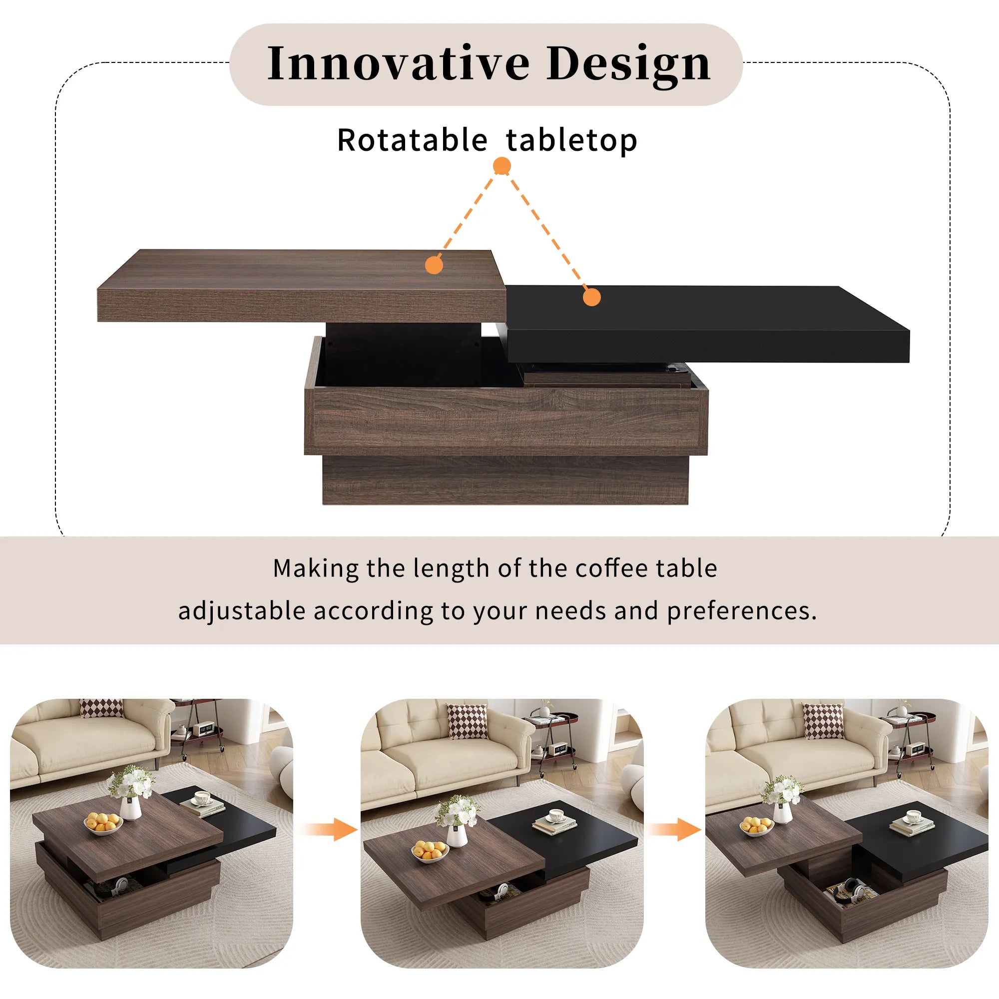 Modern Square Rotatable Top Coffee Table with Wooden Grain Design and Storage
