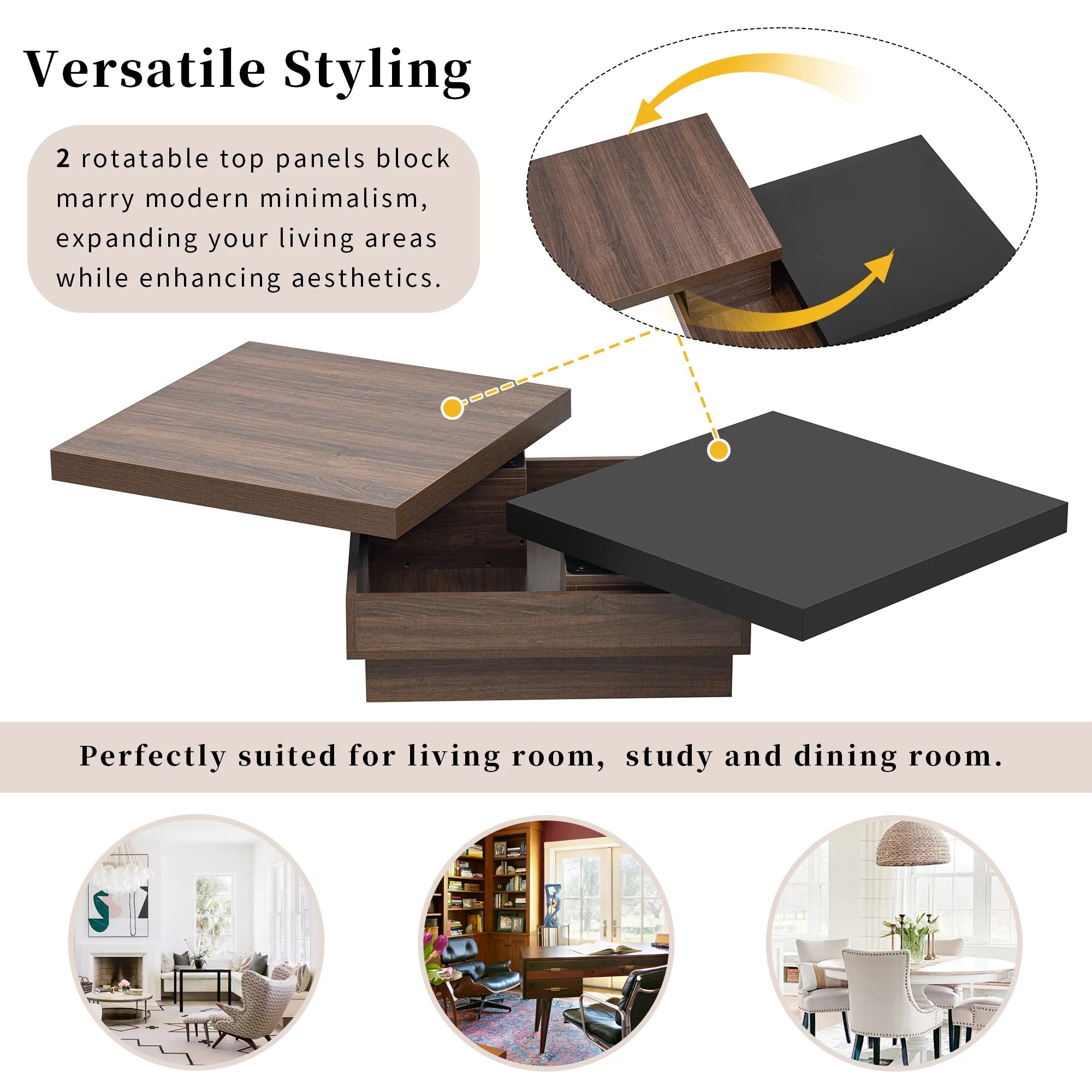 Modern Square Rotatable Top Coffee Table with Wooden Grain Design and Storage