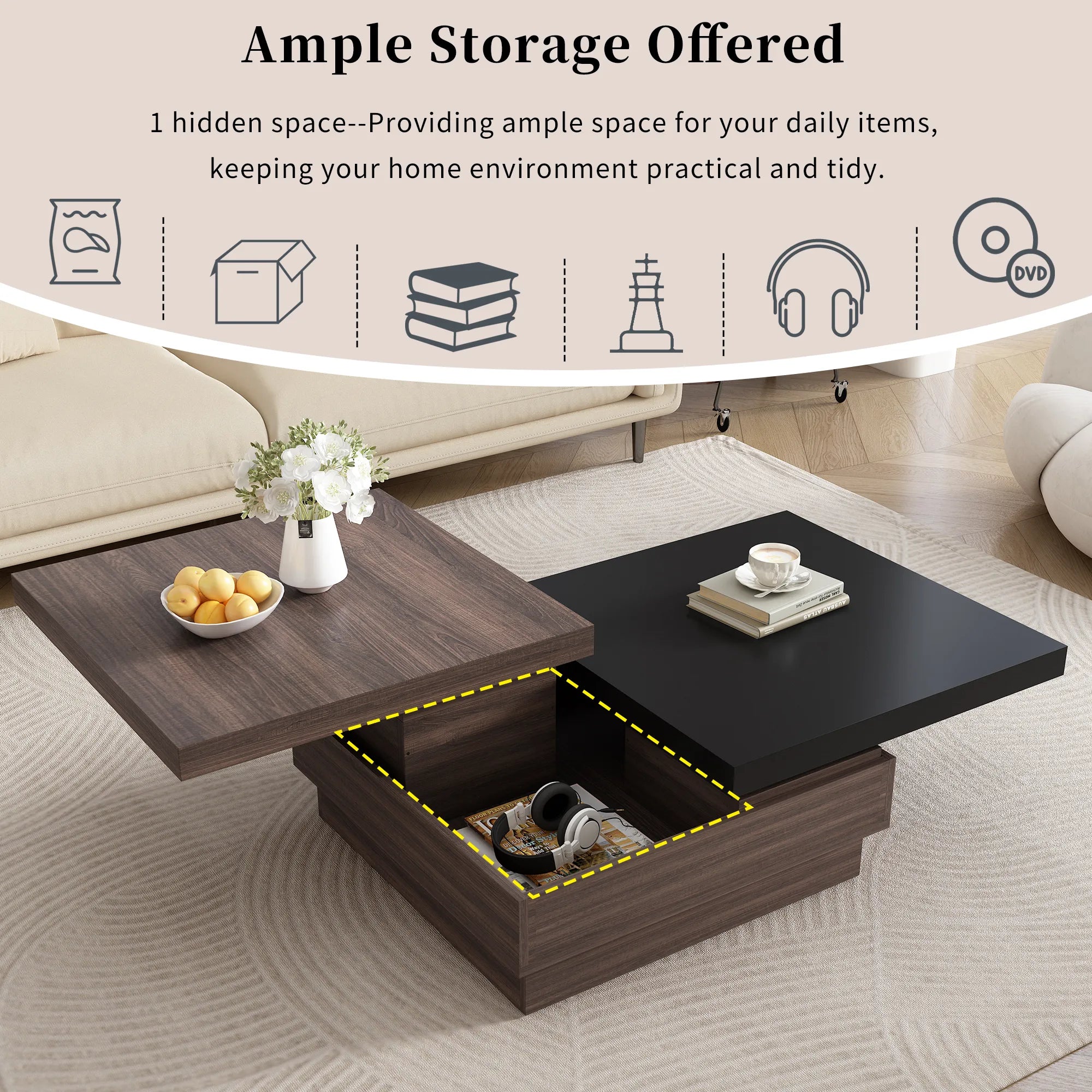 Modern Square Rotatable Top Coffee Table with Wooden Grain Design and Storage