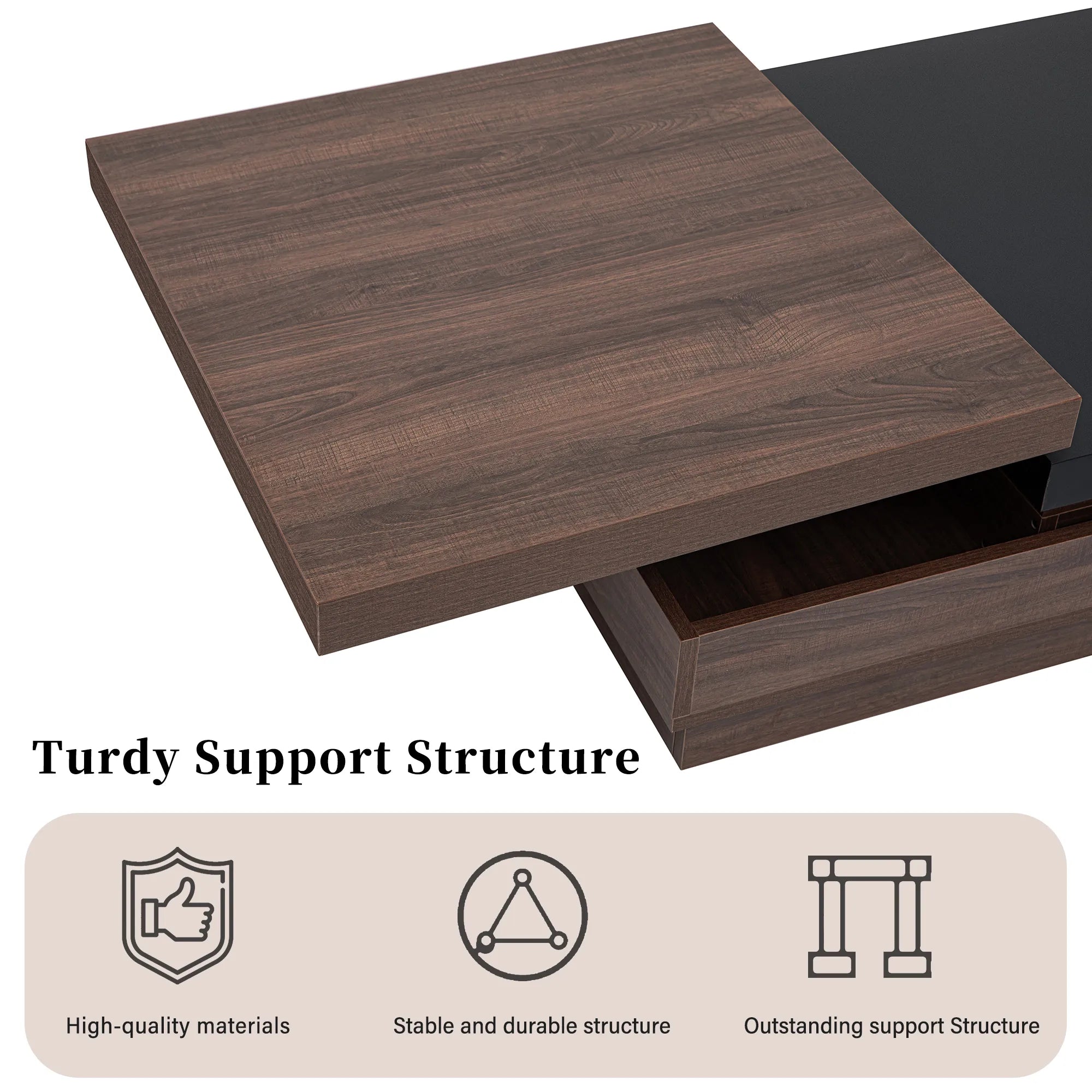 Modern Square Rotatable Top Coffee Table with Wooden Grain Design and Storage