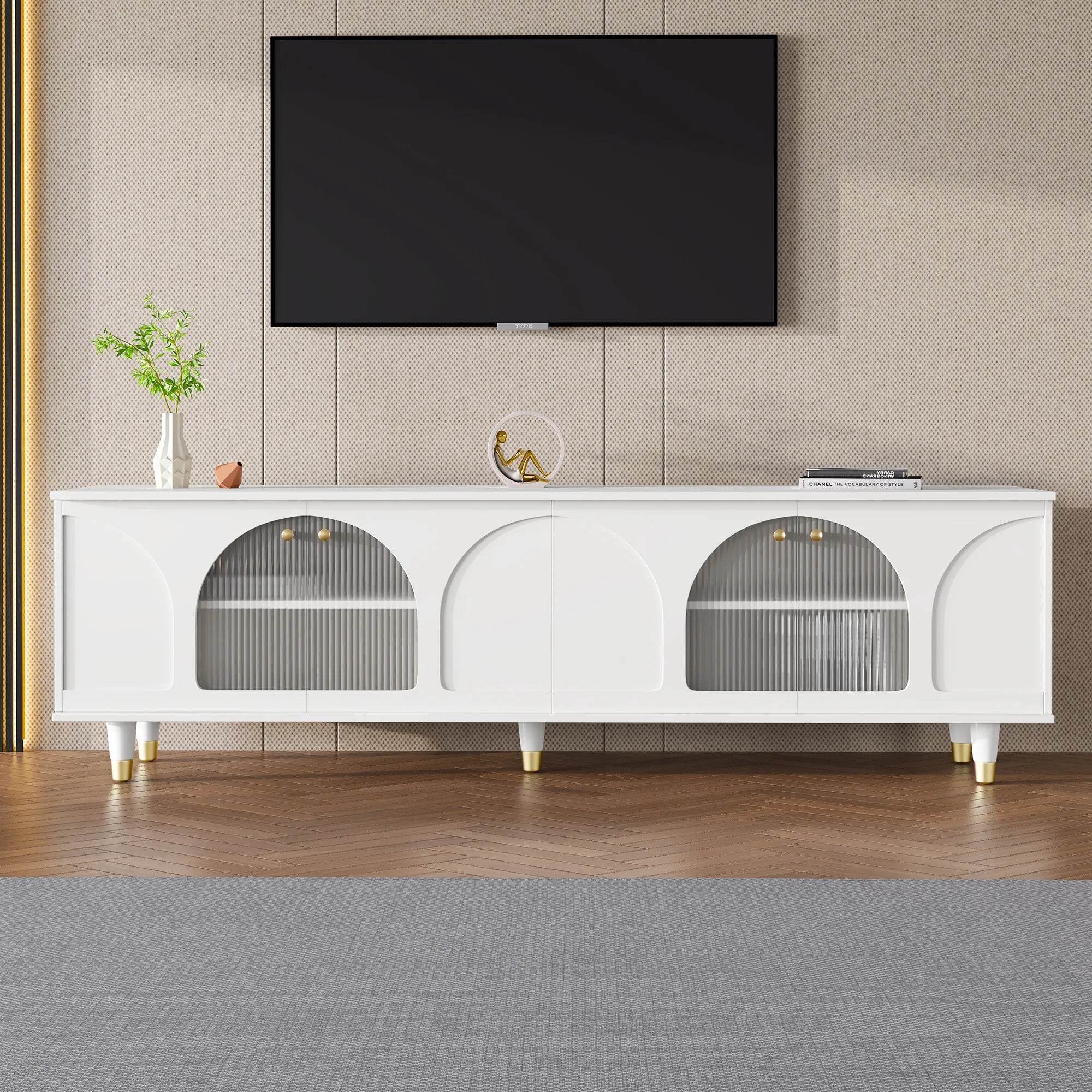 Modern TV Stand with Arch Fluted Glass Doors