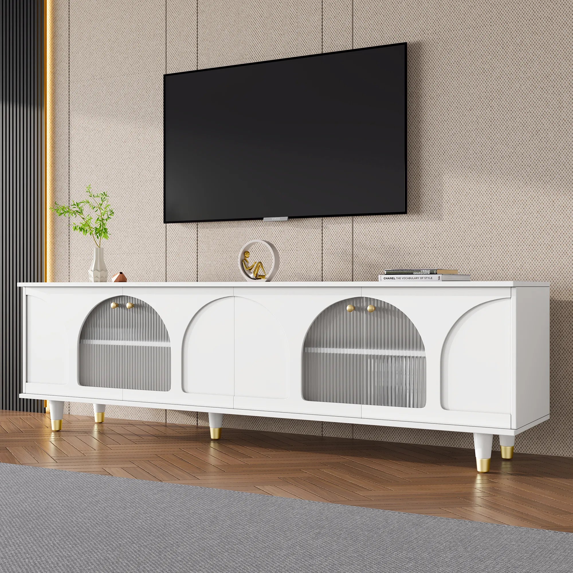Modern TV Stand with Arch Fluted Glass Doors