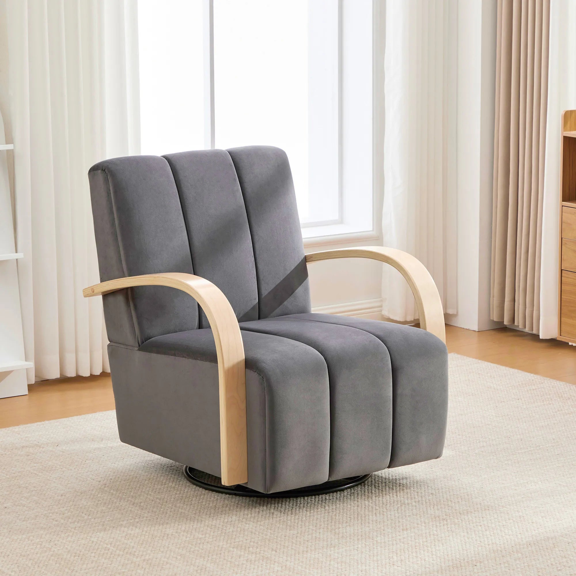 Modern Velvet 360° Swivel Accent Chair with Wood Armrests
