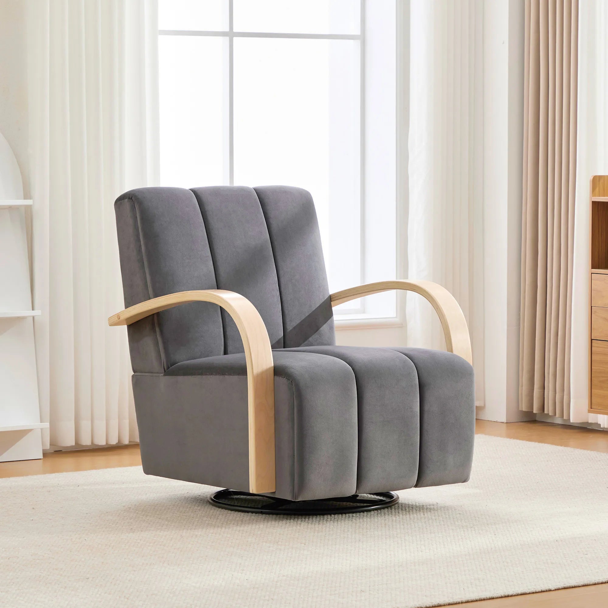 Modern Velvet 360° Swivel Accent Chair with Wood Armrests