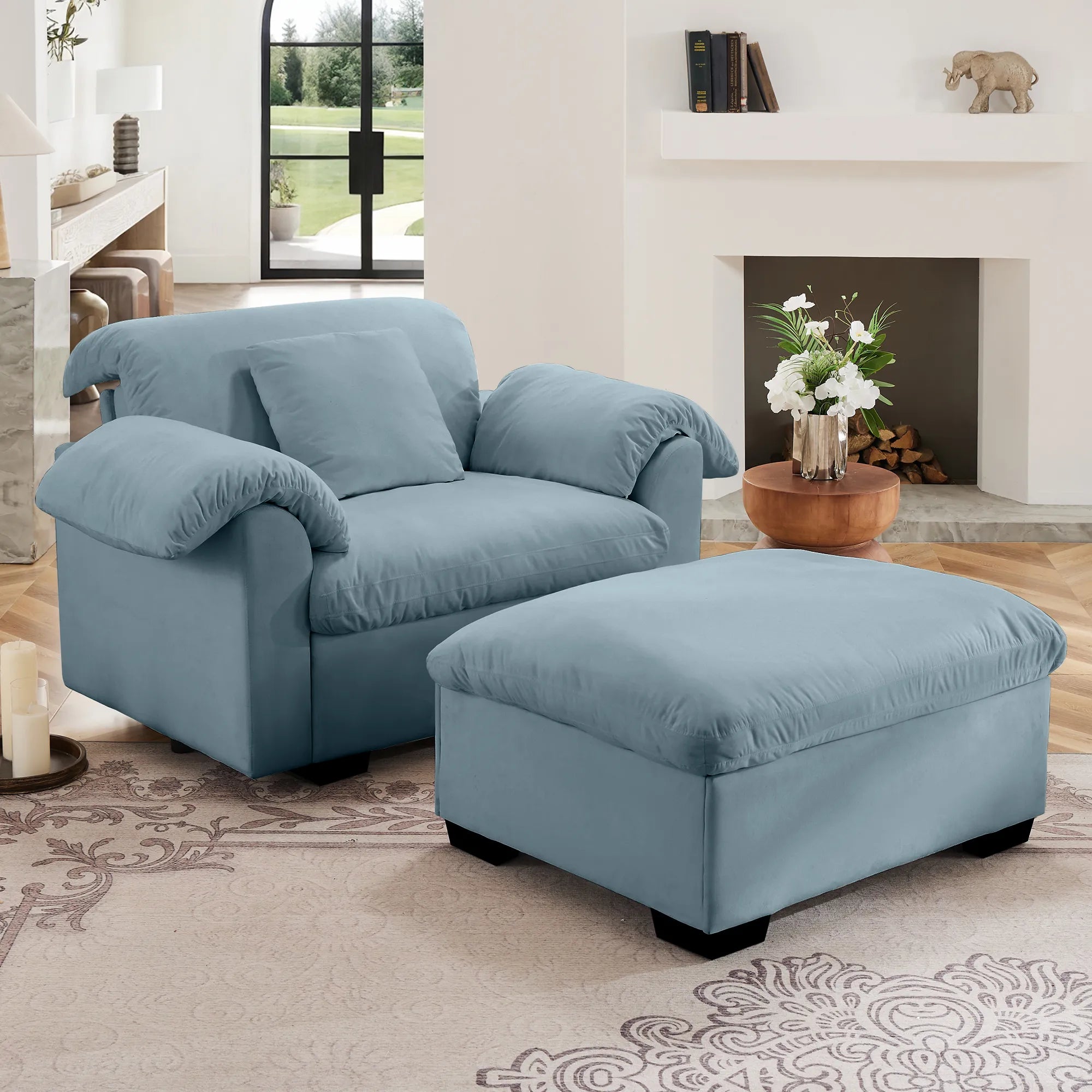 Modern Velvet Cloud Comfort Accent Chair with Ottoman & Storage