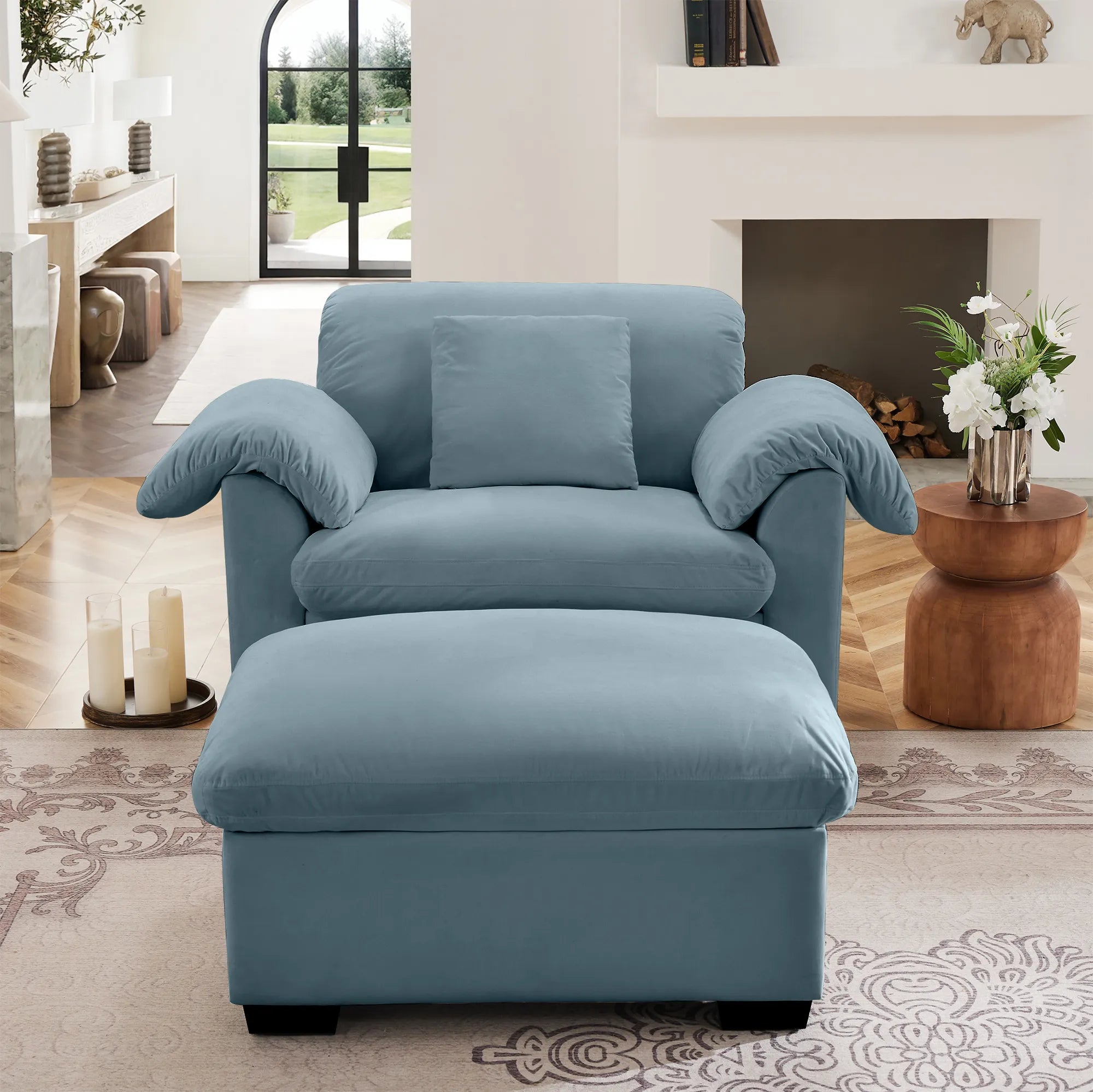 Modern Velvet Cloud Comfort Accent Chair with Ottoman & Storage