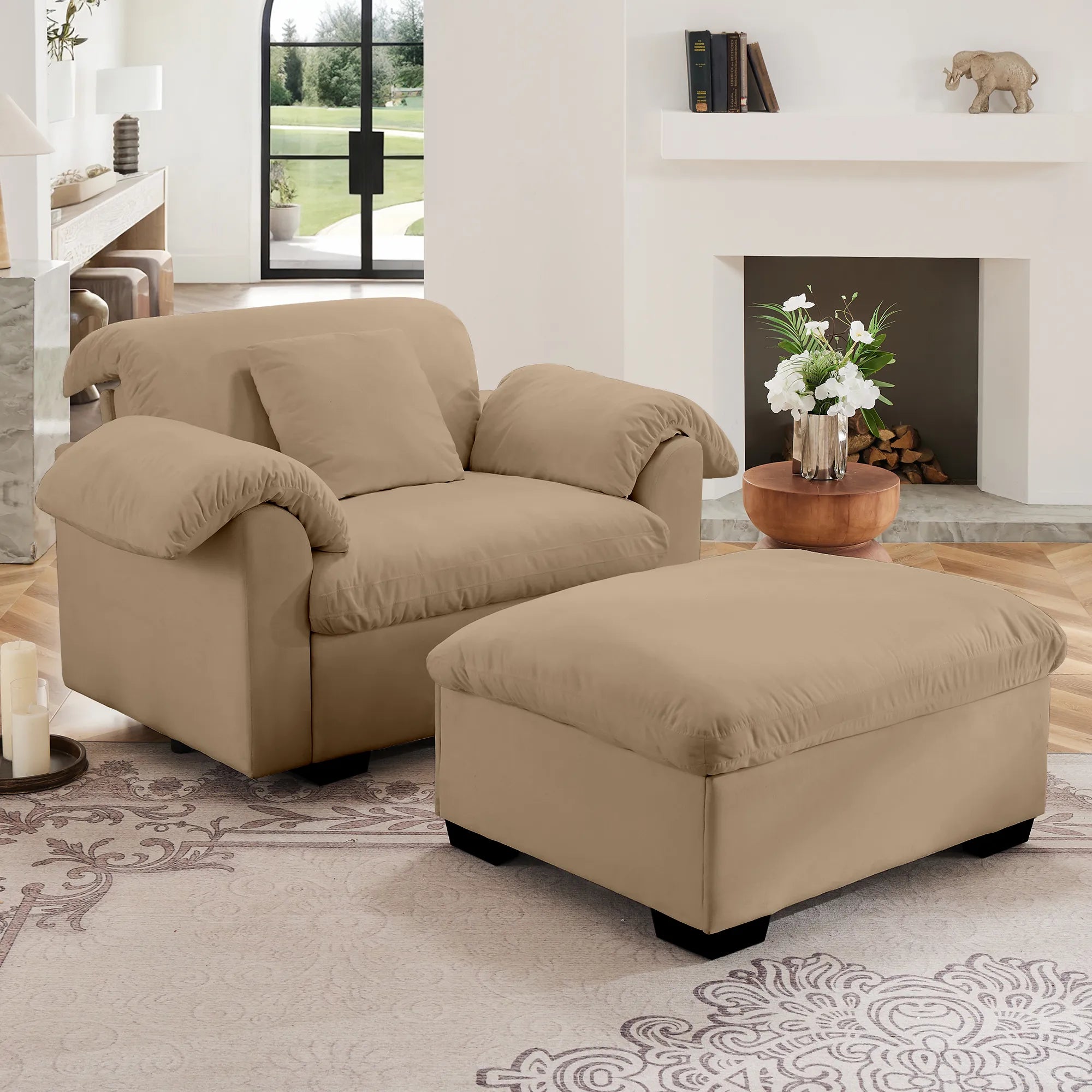 Modern Velvet Cloud Comfort Accent Chair with Ottoman & Storage
