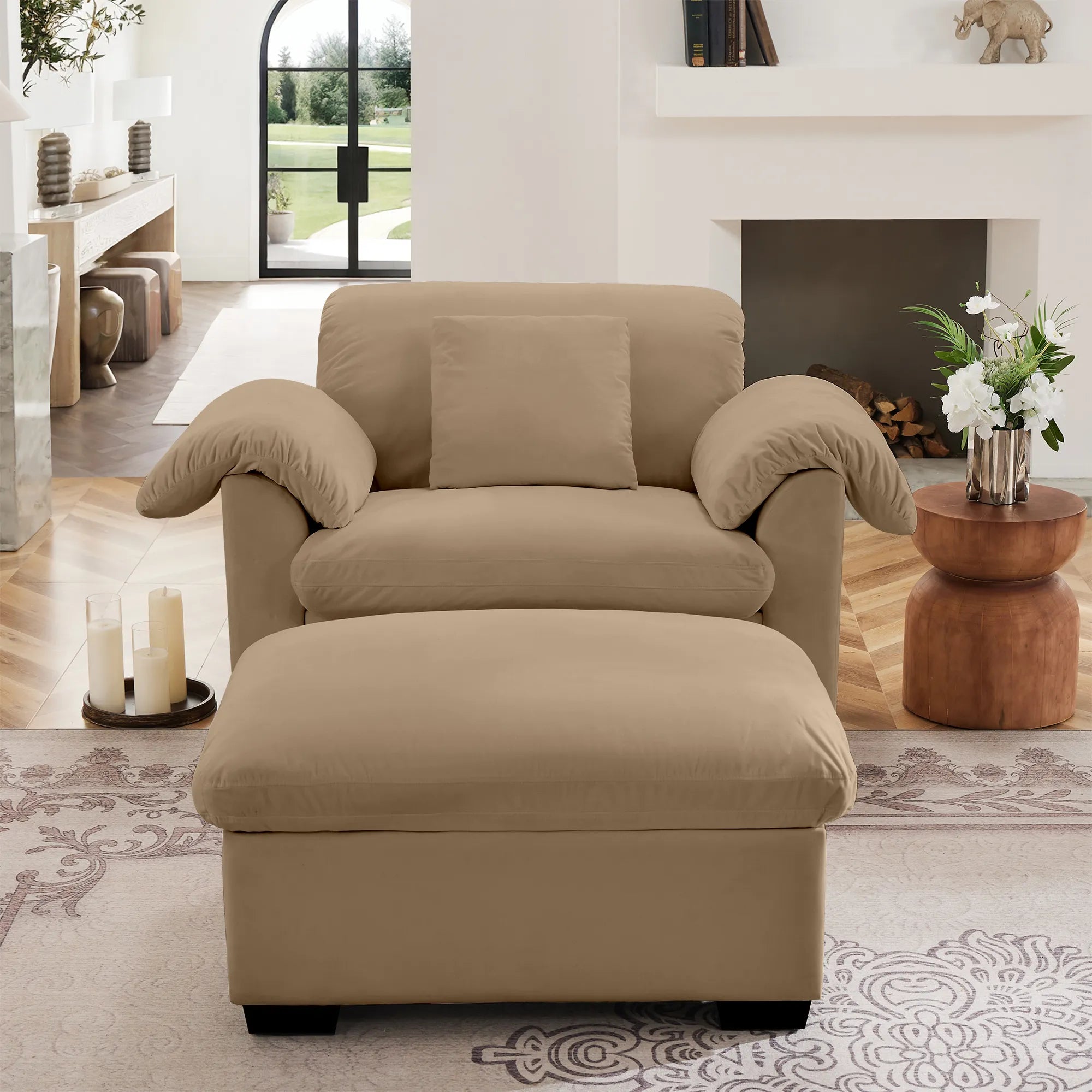 Modern Velvet Cloud Comfort Accent Chair with Ottoman & Storage