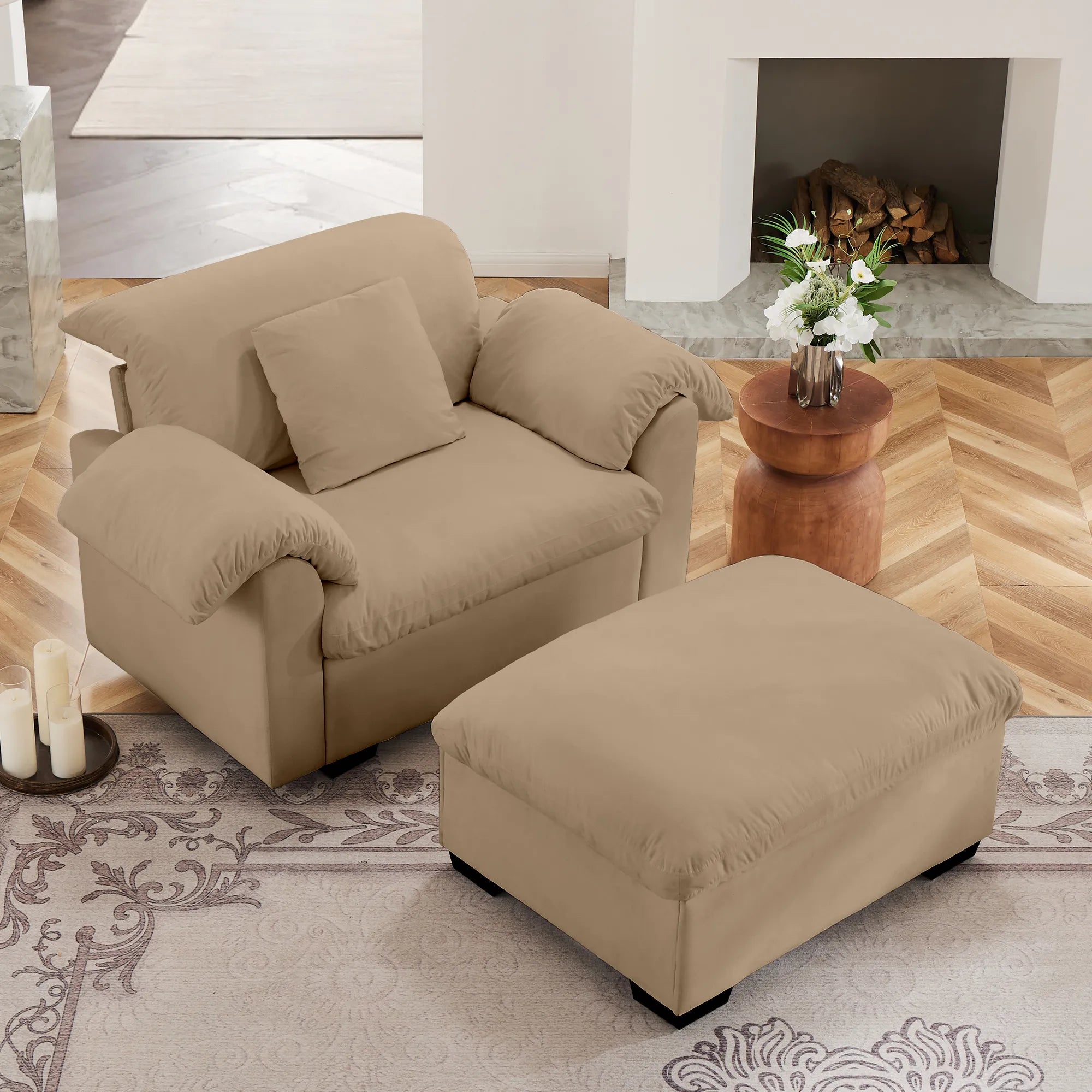Modern Velvet Cloud Comfort Accent Chair with Ottoman & Storage