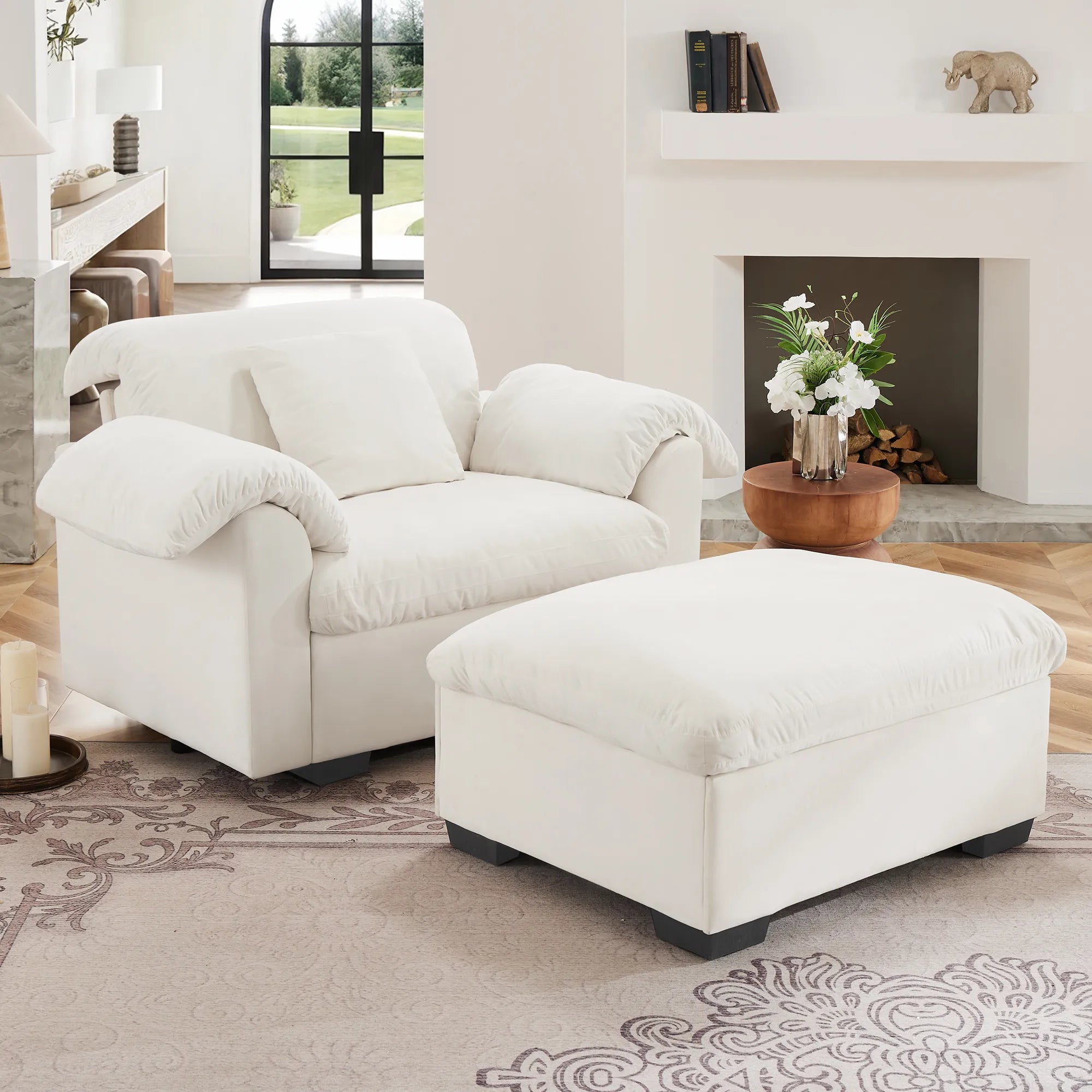 Modern Velvet Cloud Comfort Accent Chair with Ottoman & Storage