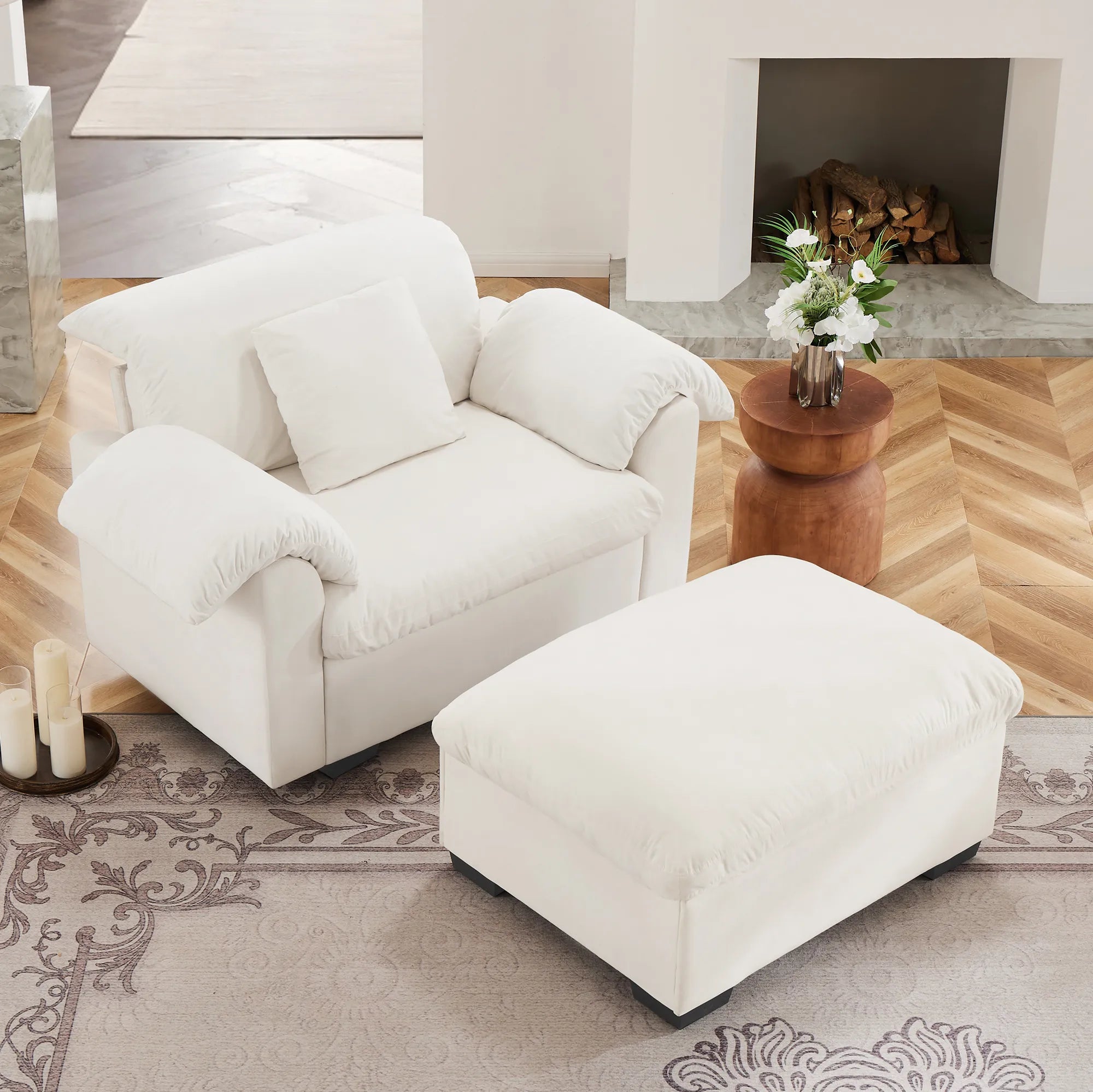 Modern Velvet Cloud Comfort Accent Chair with Ottoman & Storage