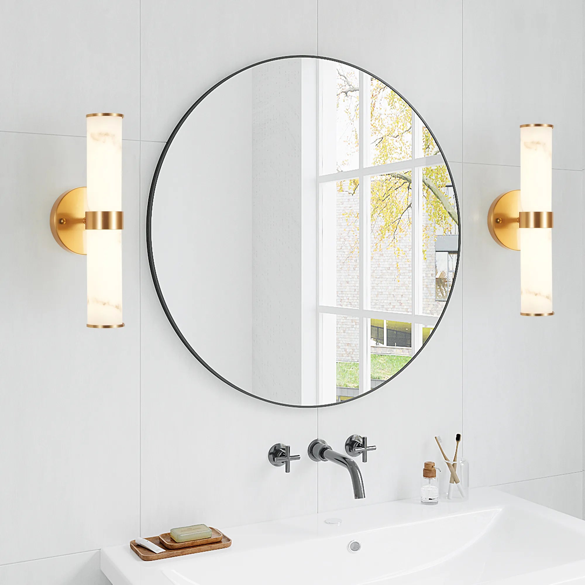 Modern Vertical Wall Sconce Set of 2, Imitation Marble Design