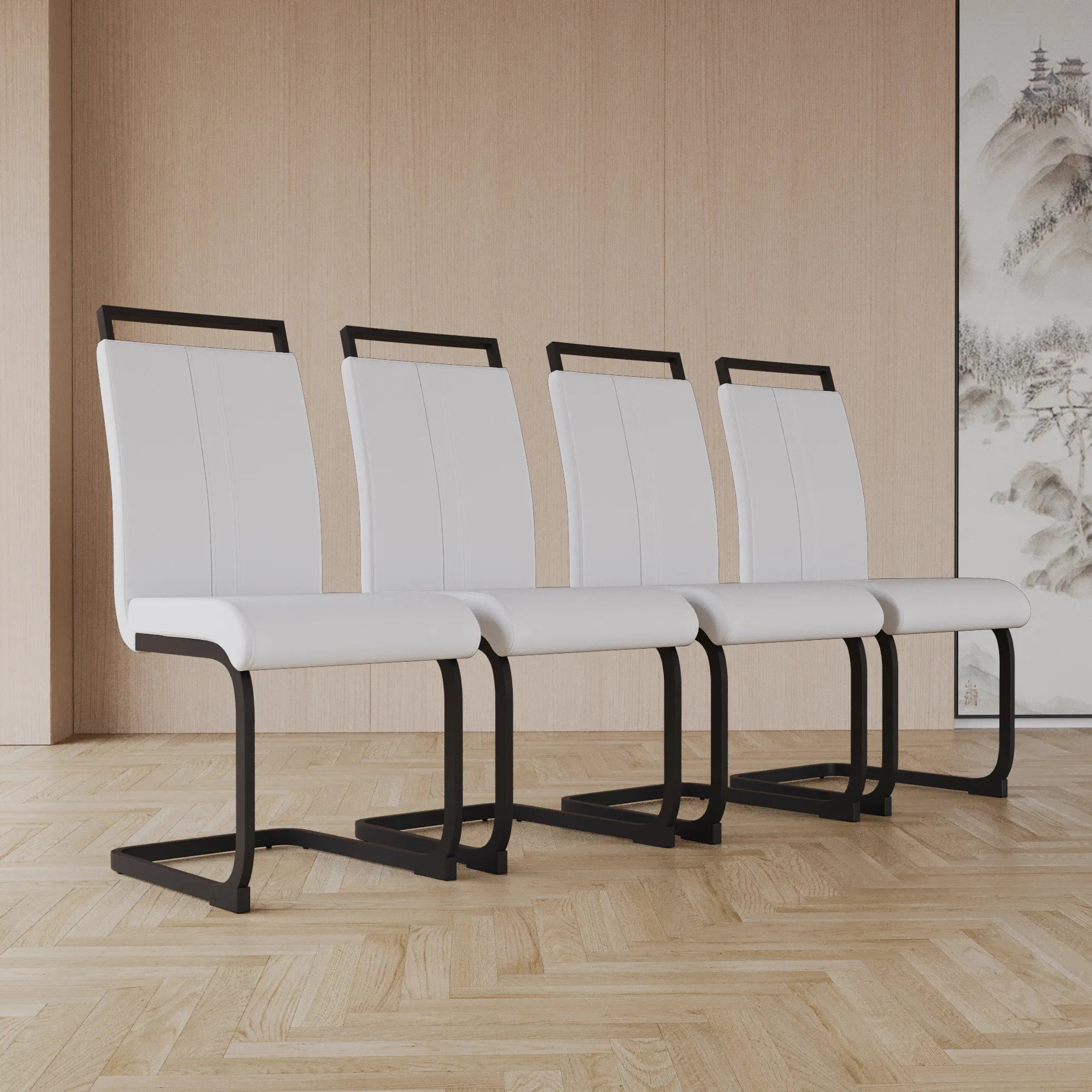 Modern White PU Leather Dining Chair Set With High Back And C-shaped Base