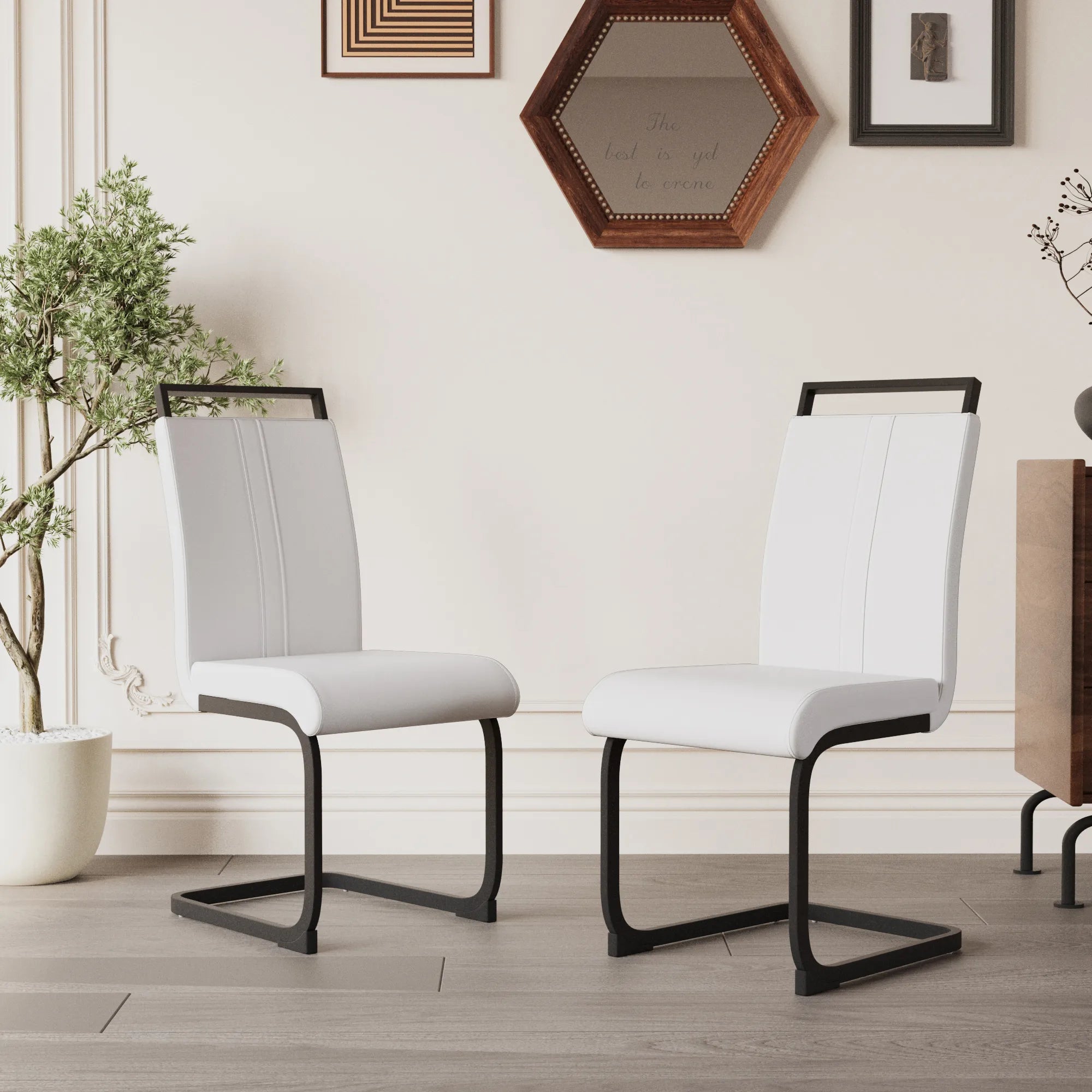 Modern White PU Leather Dining Chair Set With High Back And C-shaped Base